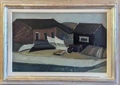 1956 Vintage Mid Century Modern Coastal Oil Painting - Dockside Dwellings