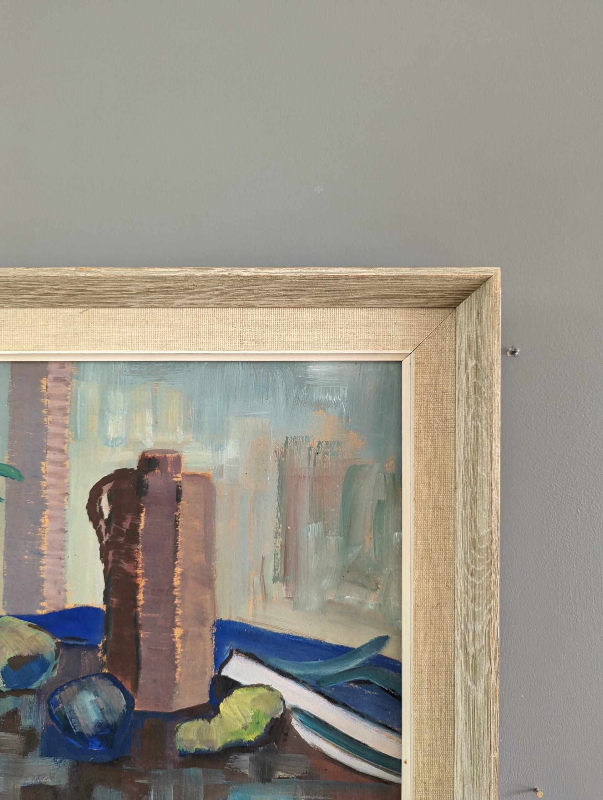 1956 Vintage Mid-Century Modern Still Life Painting - The Blue Cloth 8
