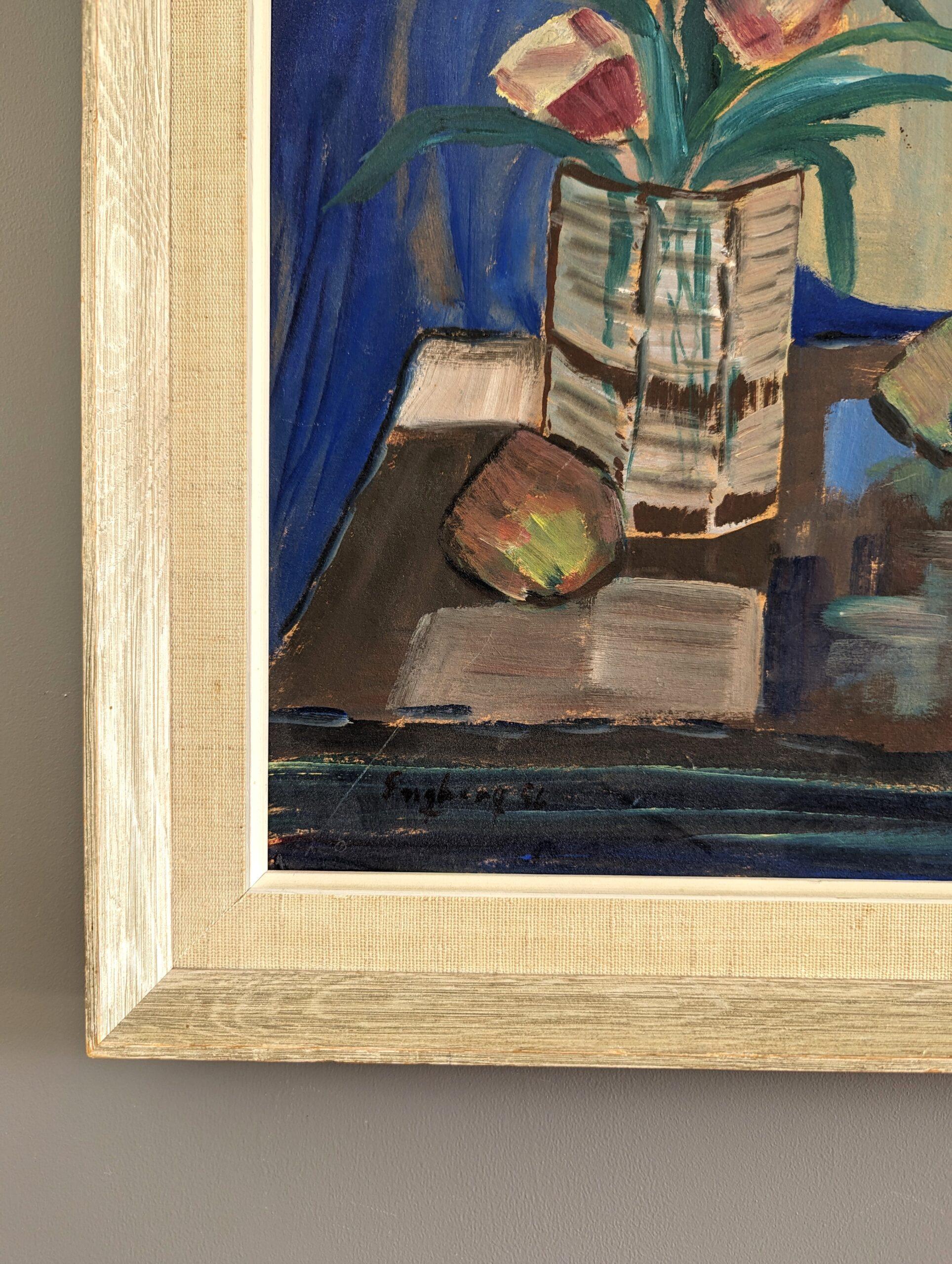 1956 Vintage Mid-Century Modern Still Life Painting - The Blue Cloth 9