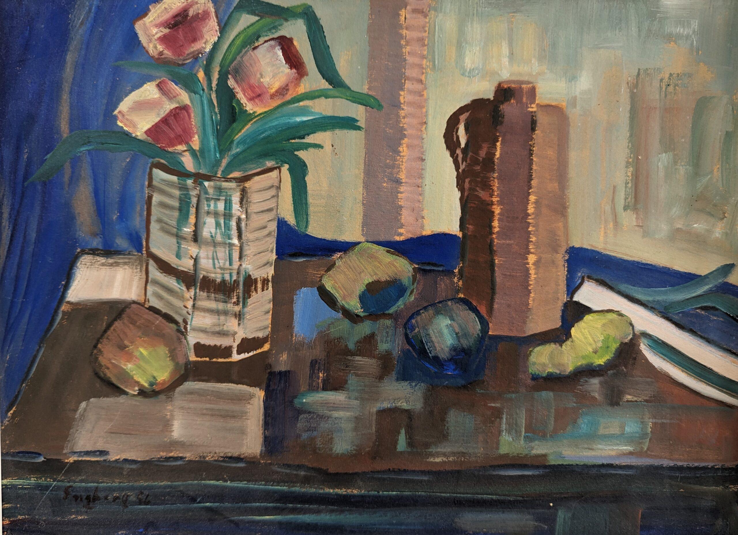 1956 Vintage Mid-Century Modern Still Life Painting - The Blue Cloth 1