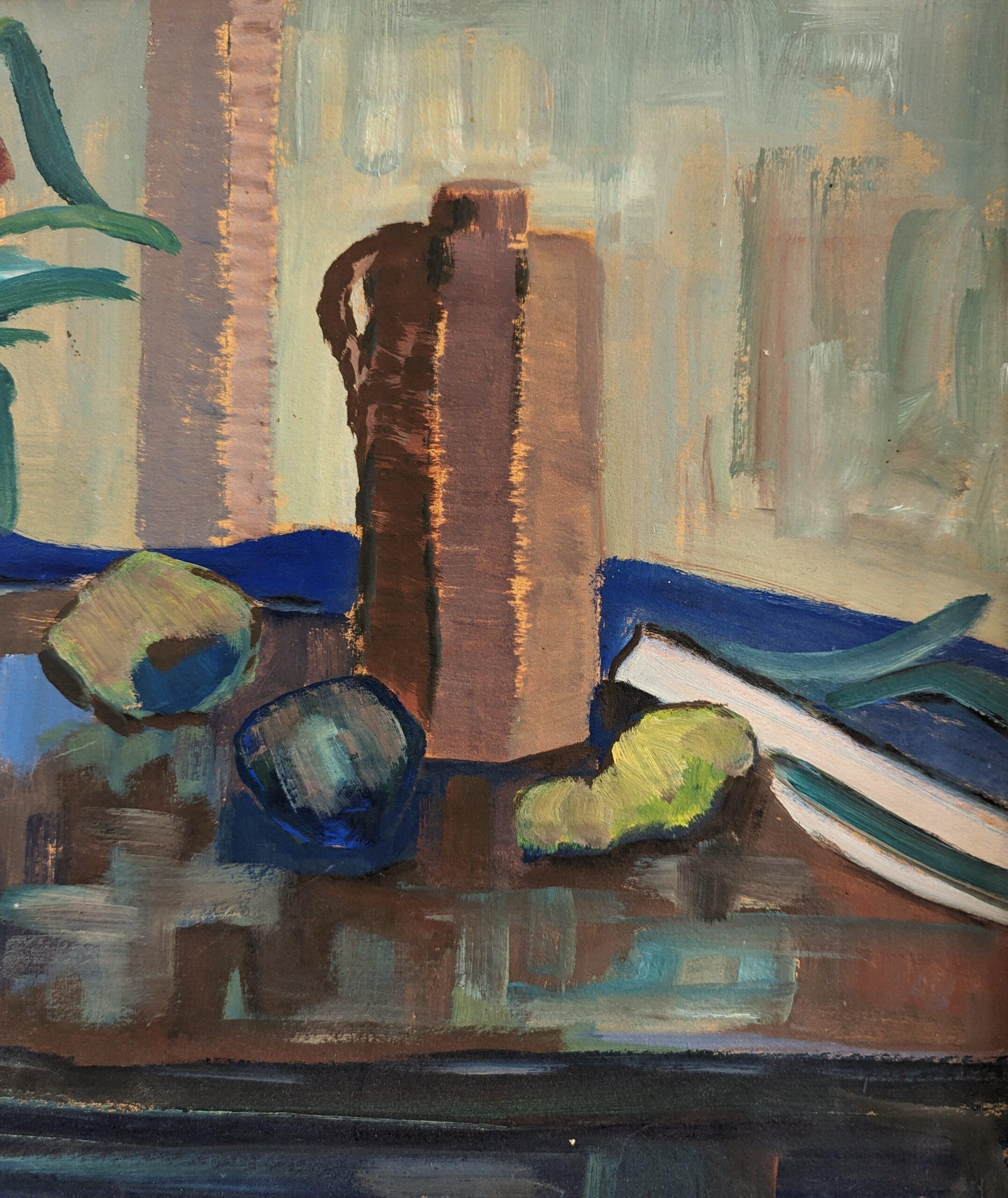 1956 Vintage Mid-Century Modern Still Life Painting - The Blue Cloth 3