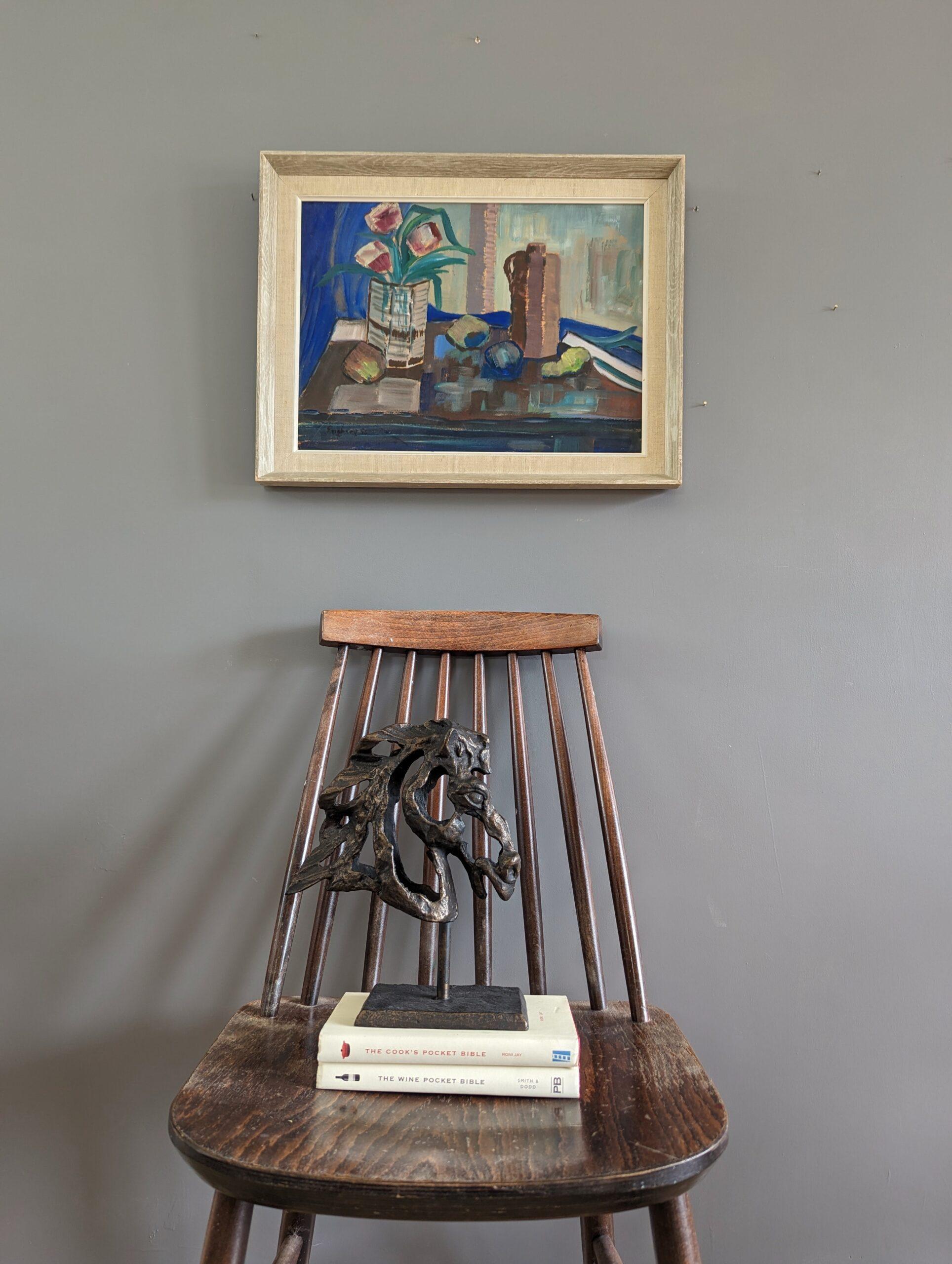 1956 Vintage Mid-Century Modern Still Life Painting - The Blue Cloth 4