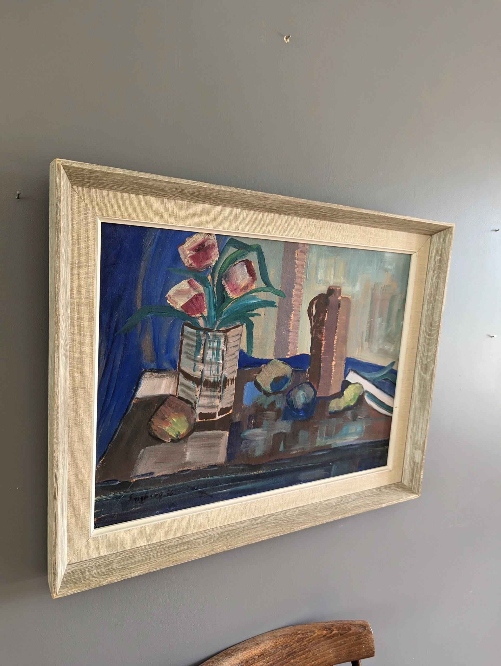 1956 Vintage Mid-Century Modern Still Life Painting - The Blue Cloth 5