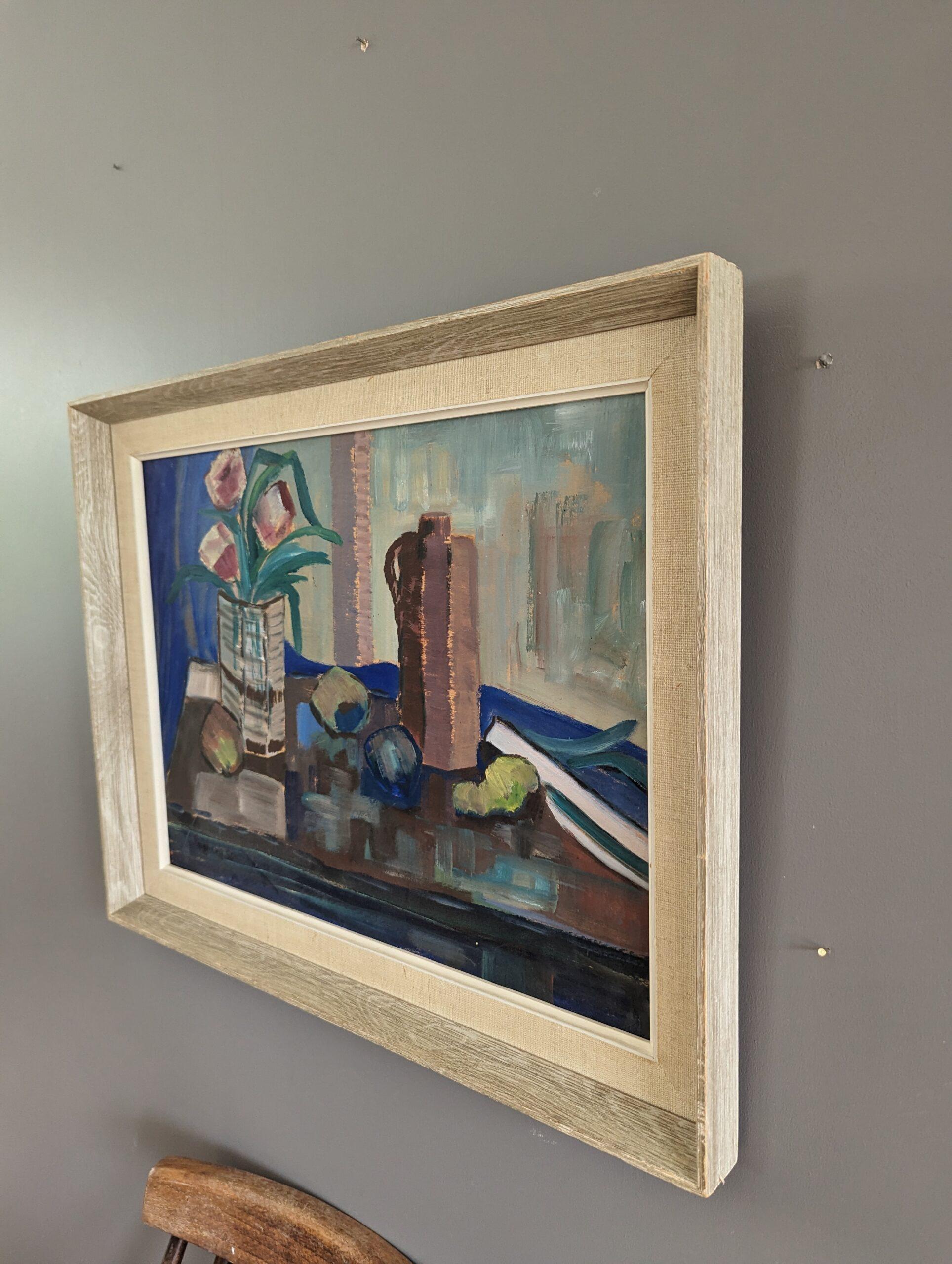 1956 Vintage Mid-Century Modern Still Life Painting - The Blue Cloth 6