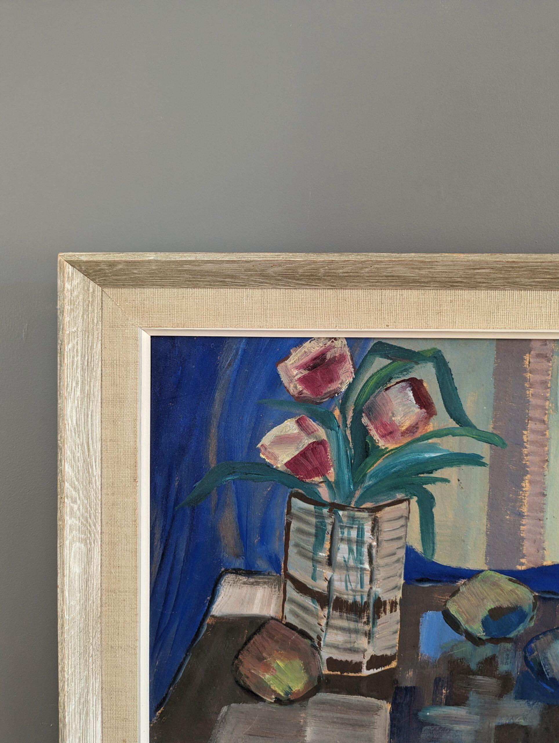 1956 Vintage Mid-Century Modern Still Life Painting - The Blue Cloth 7