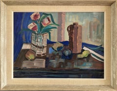 1956 Vintage Mid-Century Modern Still Life Painting - The Blue Cloth