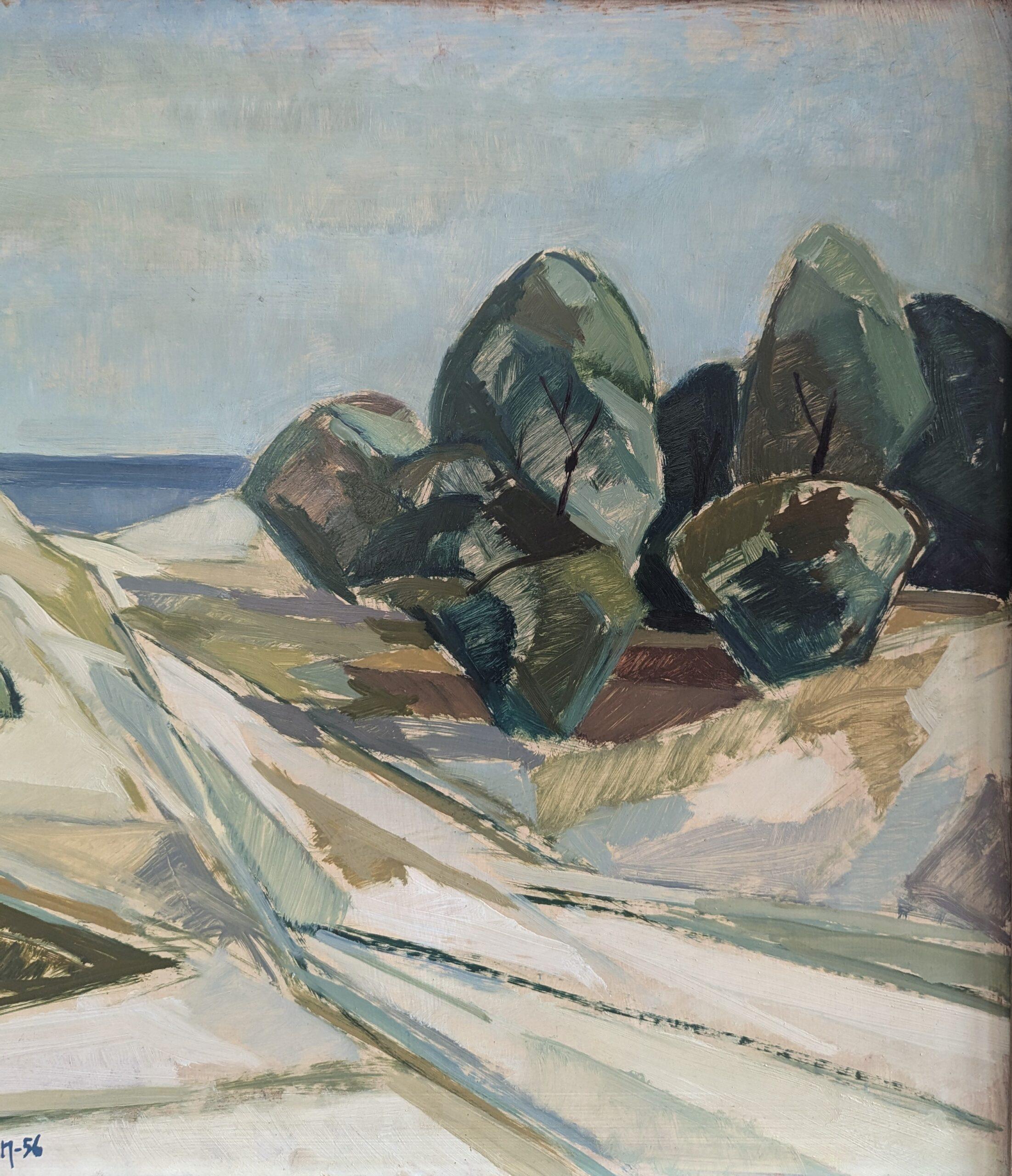1956 Vintage Mid Century Modern Swedish Landscape Oil Painting -The Winding Path (Le chemin sinueux) 7