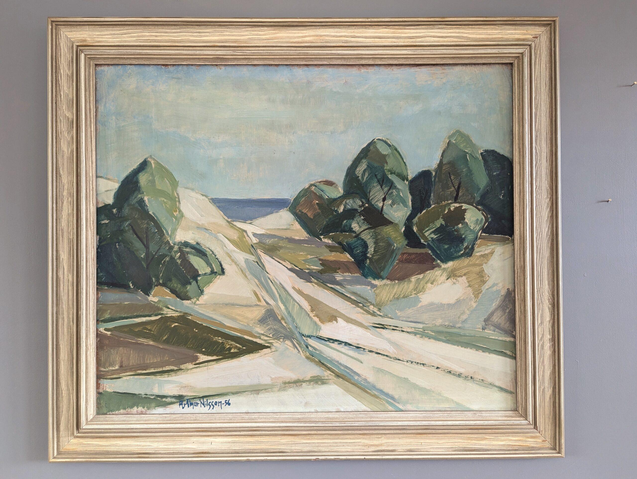 1956 Vintage Mid Century Modern Swedish Landscape Oil Painting -The Winding Path (Le chemin sinueux) - Marron Landscape Painting par Unknown