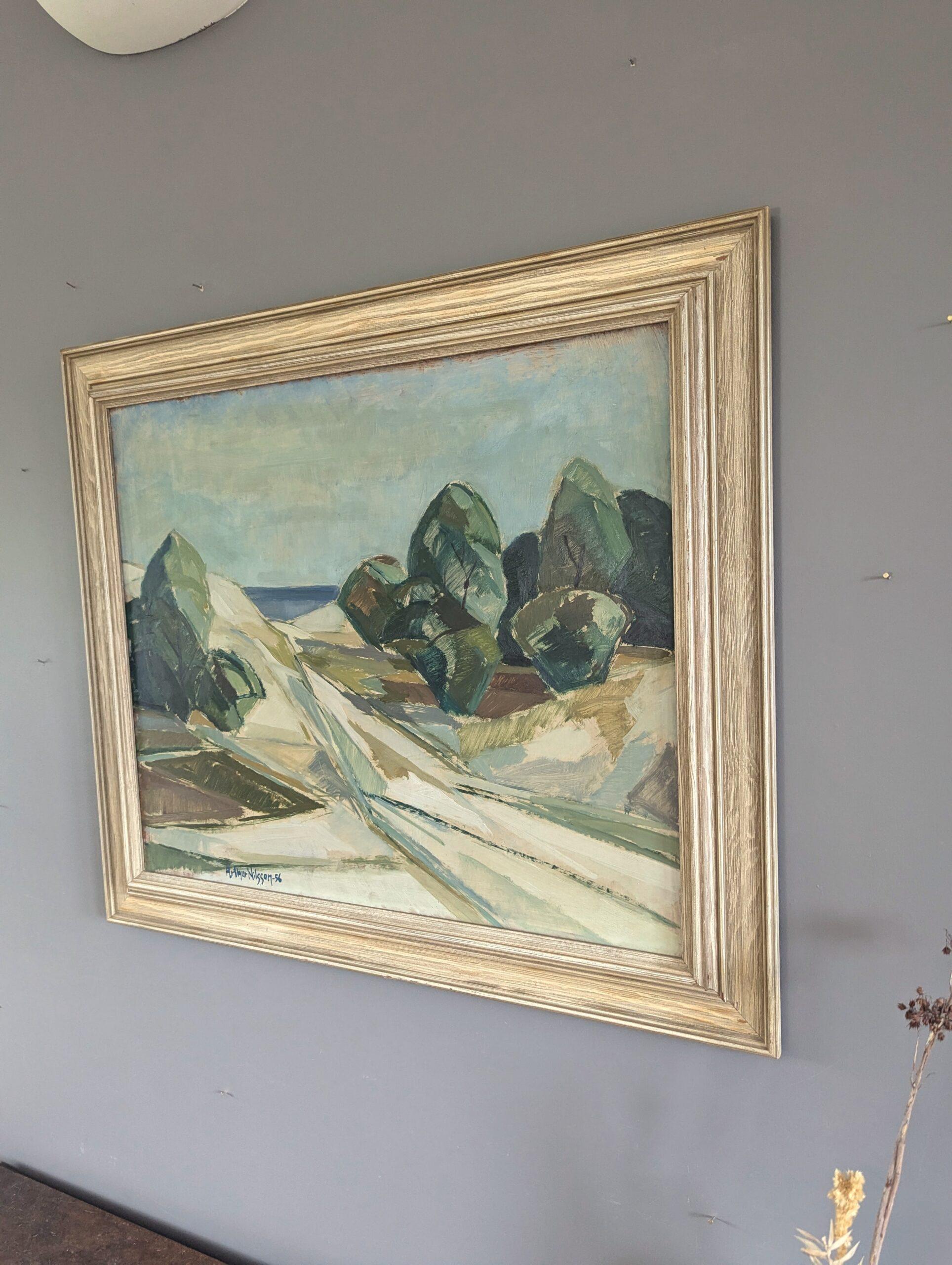 1956 Vintage Mid Century Modern Swedish Landscape Oil Painting -The Winding Path (Le chemin sinueux) 2