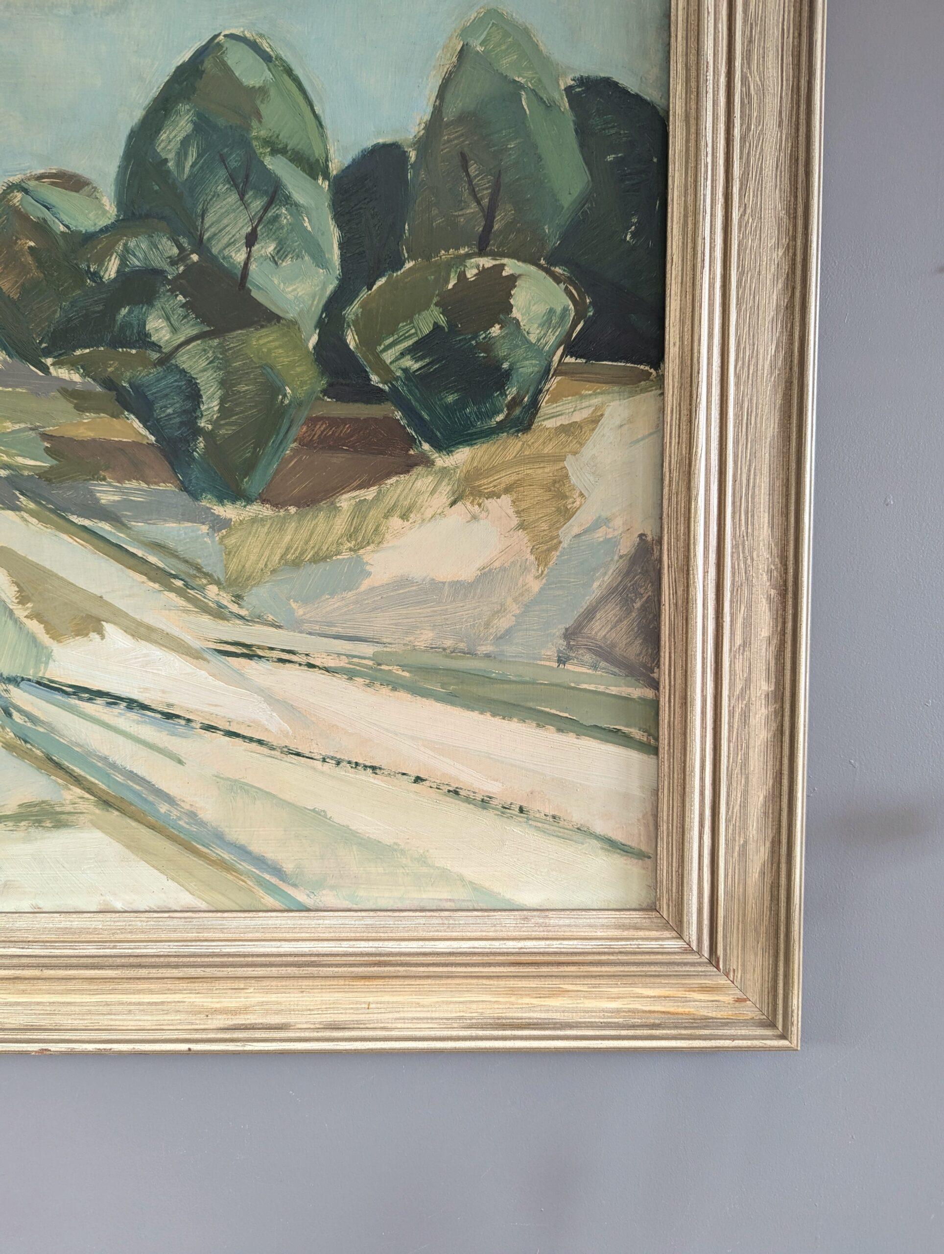 1956 Vintage Mid Century Modern Swedish Landscape Oil Painting -The Winding Path (Le chemin sinueux) 4