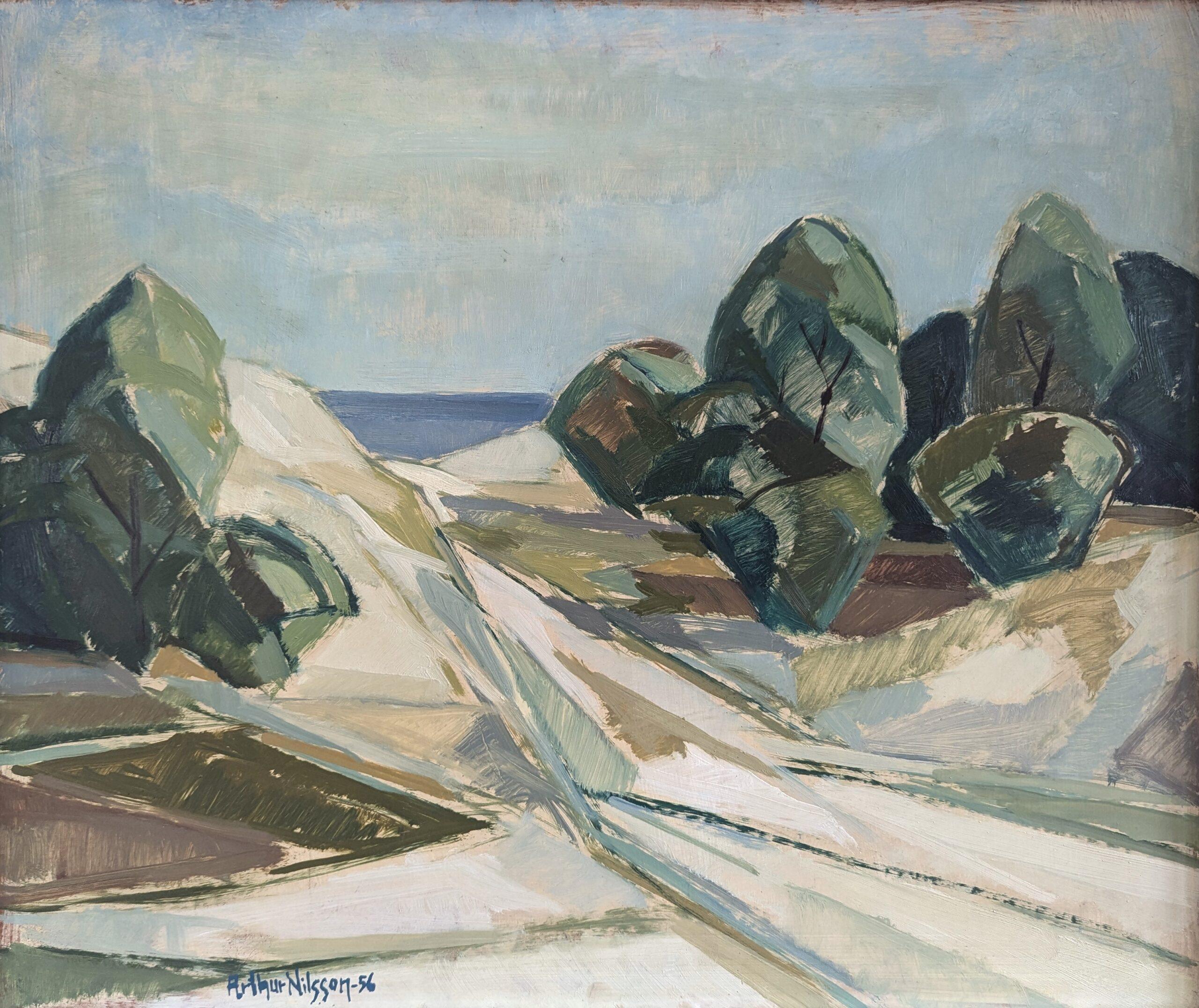 1956 Vintage Mid Century Modern Swedish Landscape Oil Painting -The Winding Path (Le chemin sinueux) 5