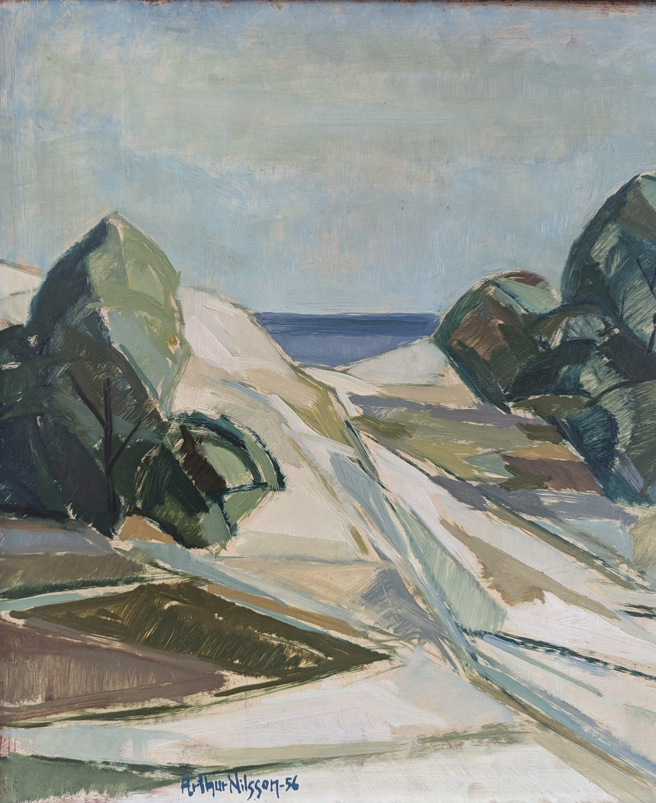 1956 Vintage Mid Century Modern Swedish Landscape Oil Painting -The Winding Path (Le chemin sinueux) 6