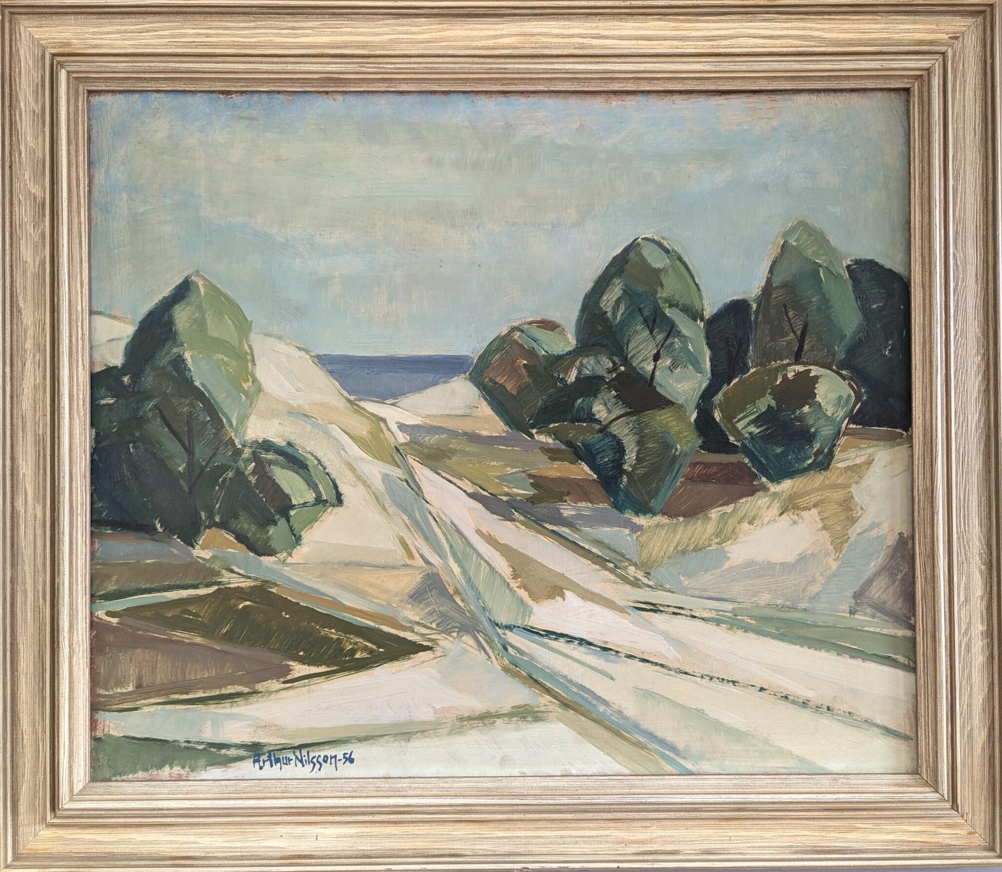 Landscape Painting Unknown - 1956 Vintage Mid Century Modern Swedish Landscape Oil Painting -The Winding Path (Le chemin sinueux)