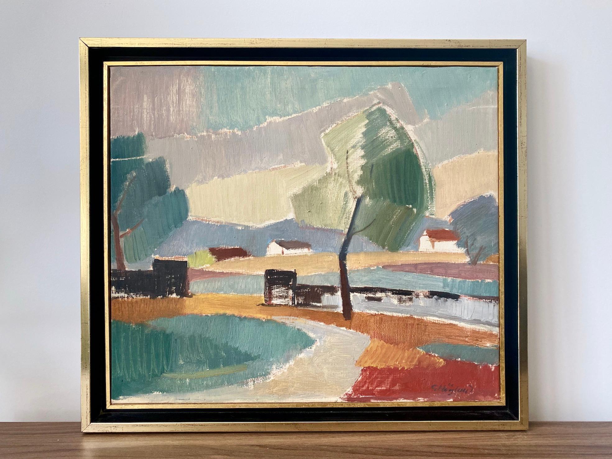 1956 Vintage Modernist Swedish Framed Landscape Oil Painting - Pastel Valley - Brown Abstract Painting by Unknown