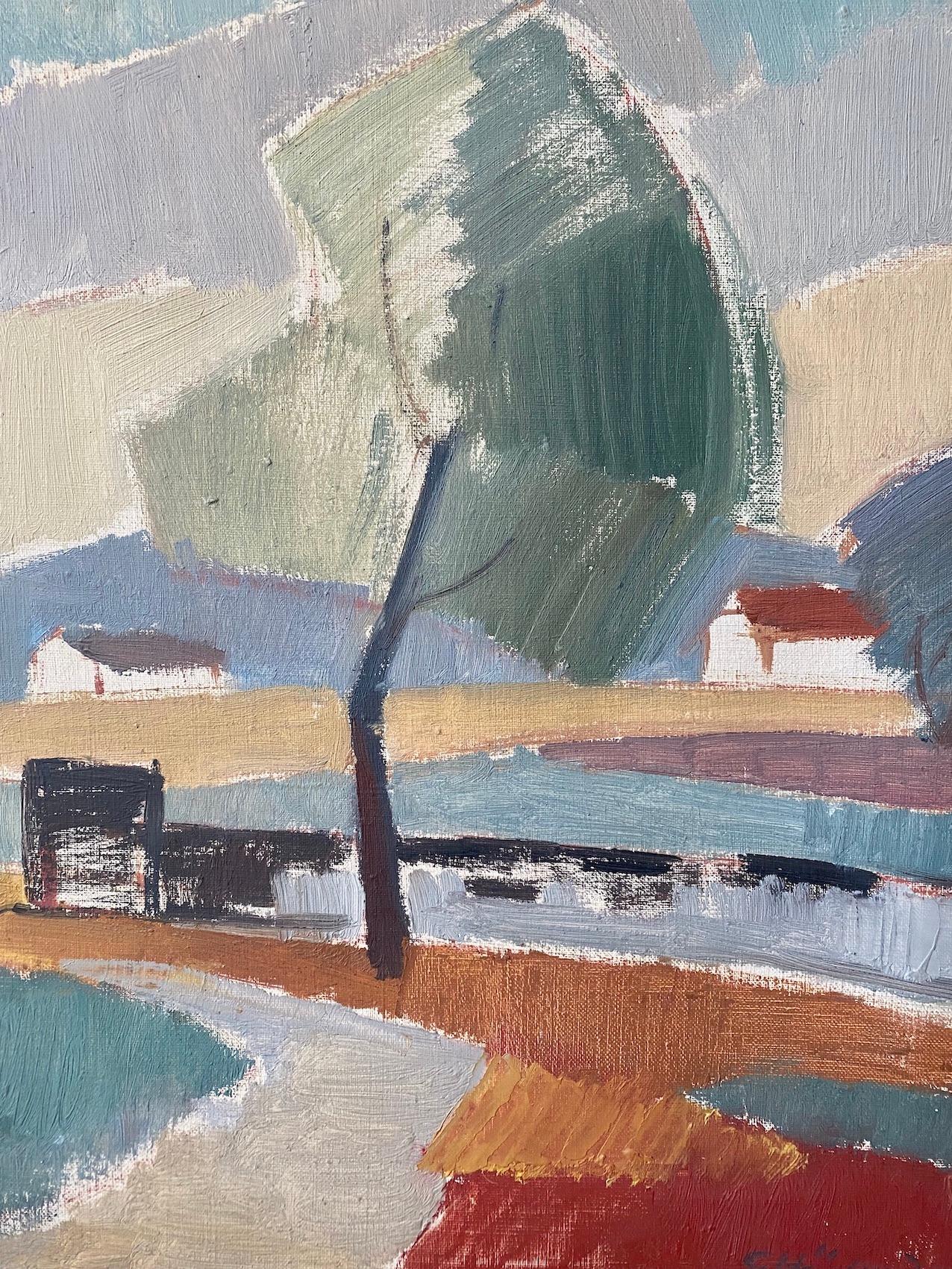 PASTEL VALLEY
Size: 53.5 x 60.5 cm (including frame)
Oil on Canvas

A visually striking and uplifting modernist landscape composition, executed in oil in 1956.

This atmospheric painting presents a scenic view of a pathway winding through lush trees