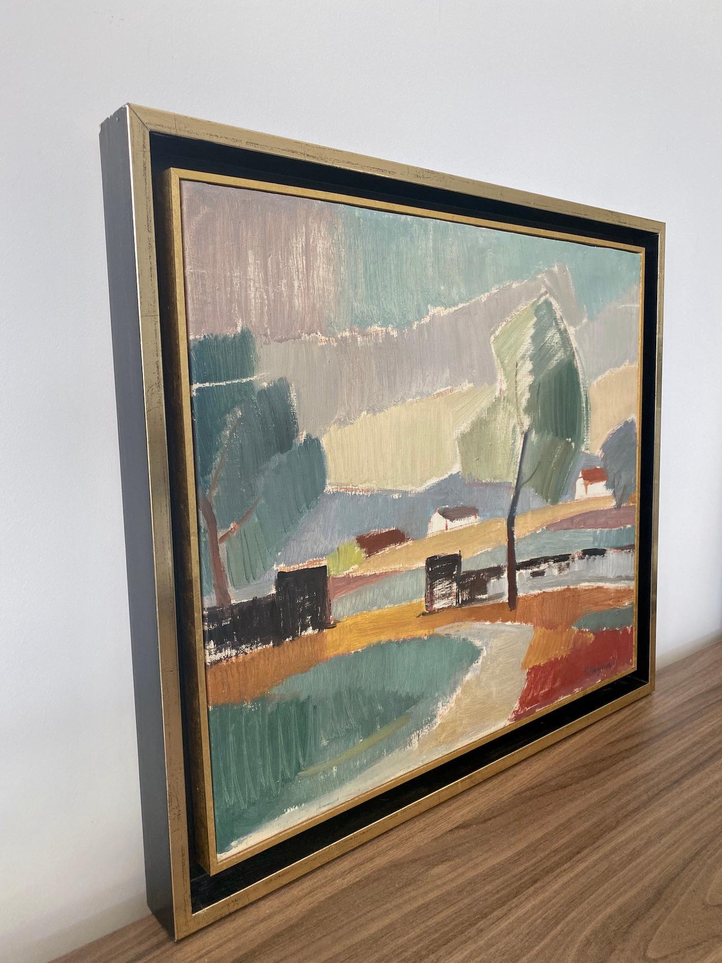 1956 Vintage Modernist Swedish Framed Landscape Oil Painting - Pastel Valley 3