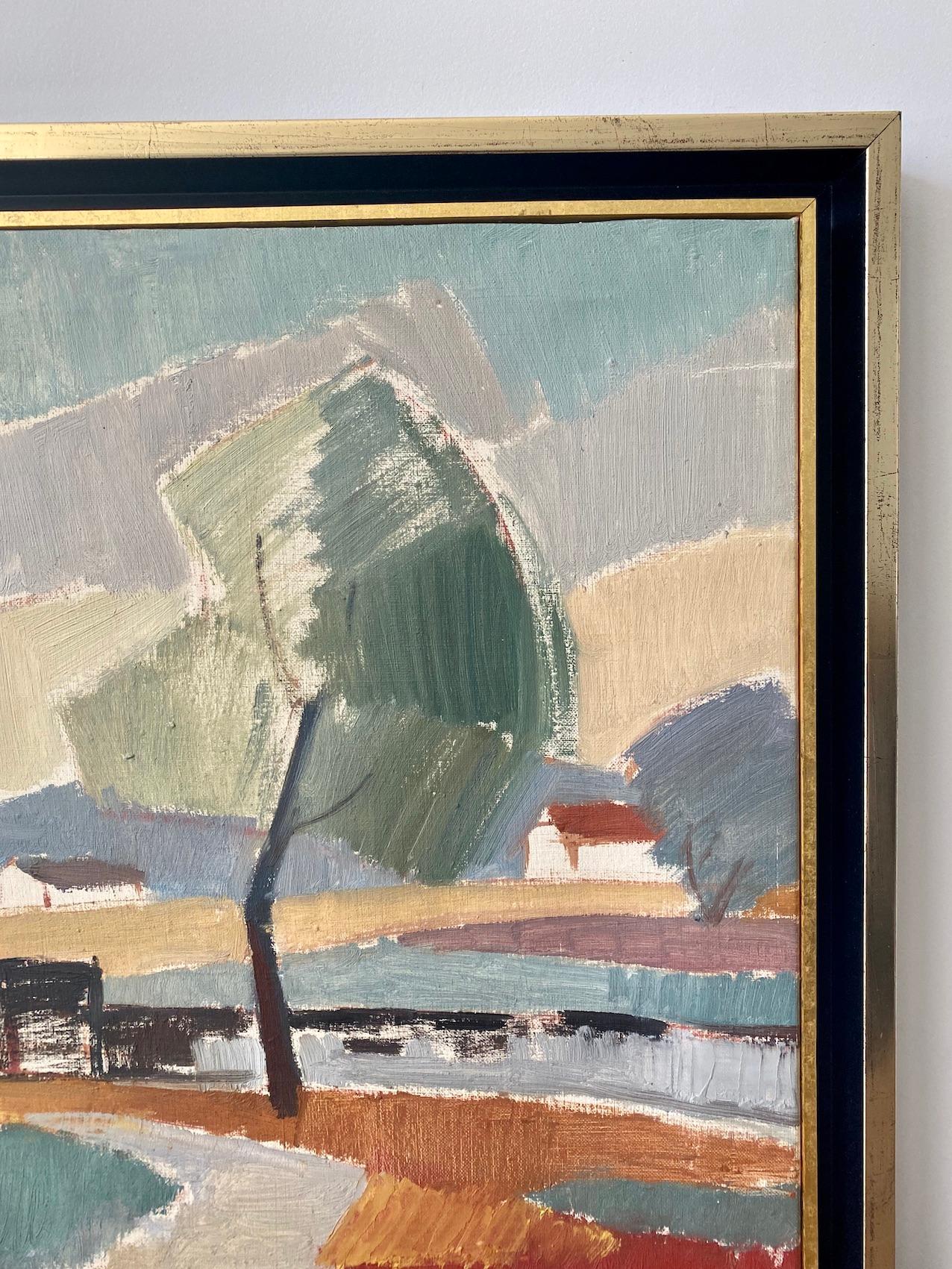 1956 Vintage Modernist Swedish Framed Landscape Oil Painting - Pastel Valley 4