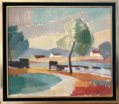 1956 Vintage Modernist Swedish Framed Landscape Oil Painting - Pastel Valley