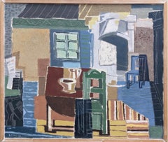 1956 Vintage Swedish Cubist Interior Framed Oil Painting - The Farmer’s House