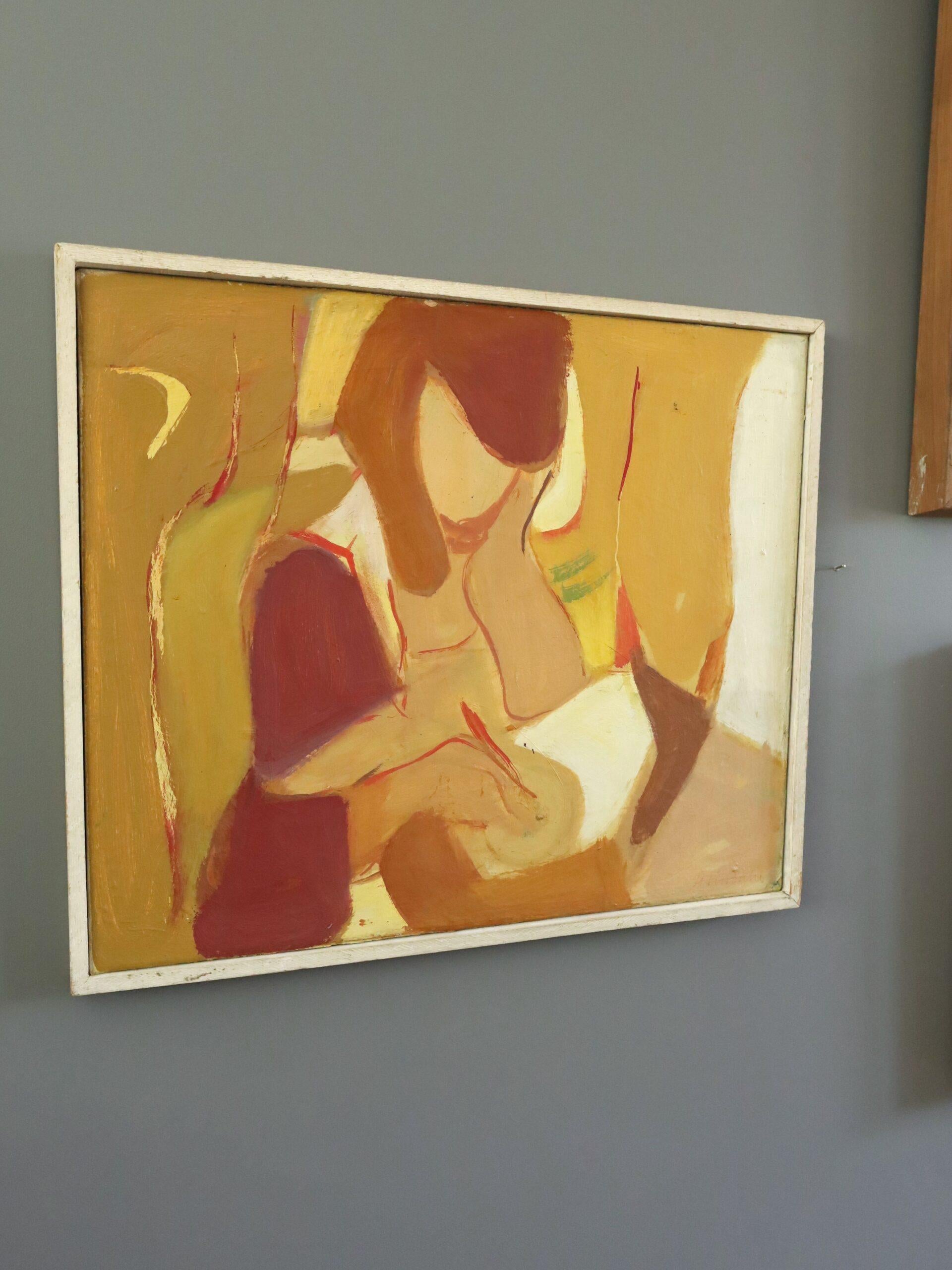 1957 Mid Century Modern Abstrakt Figurativ Ölgemälde - Der Briefschreiber (Braun), Figurative Painting, von Unknown