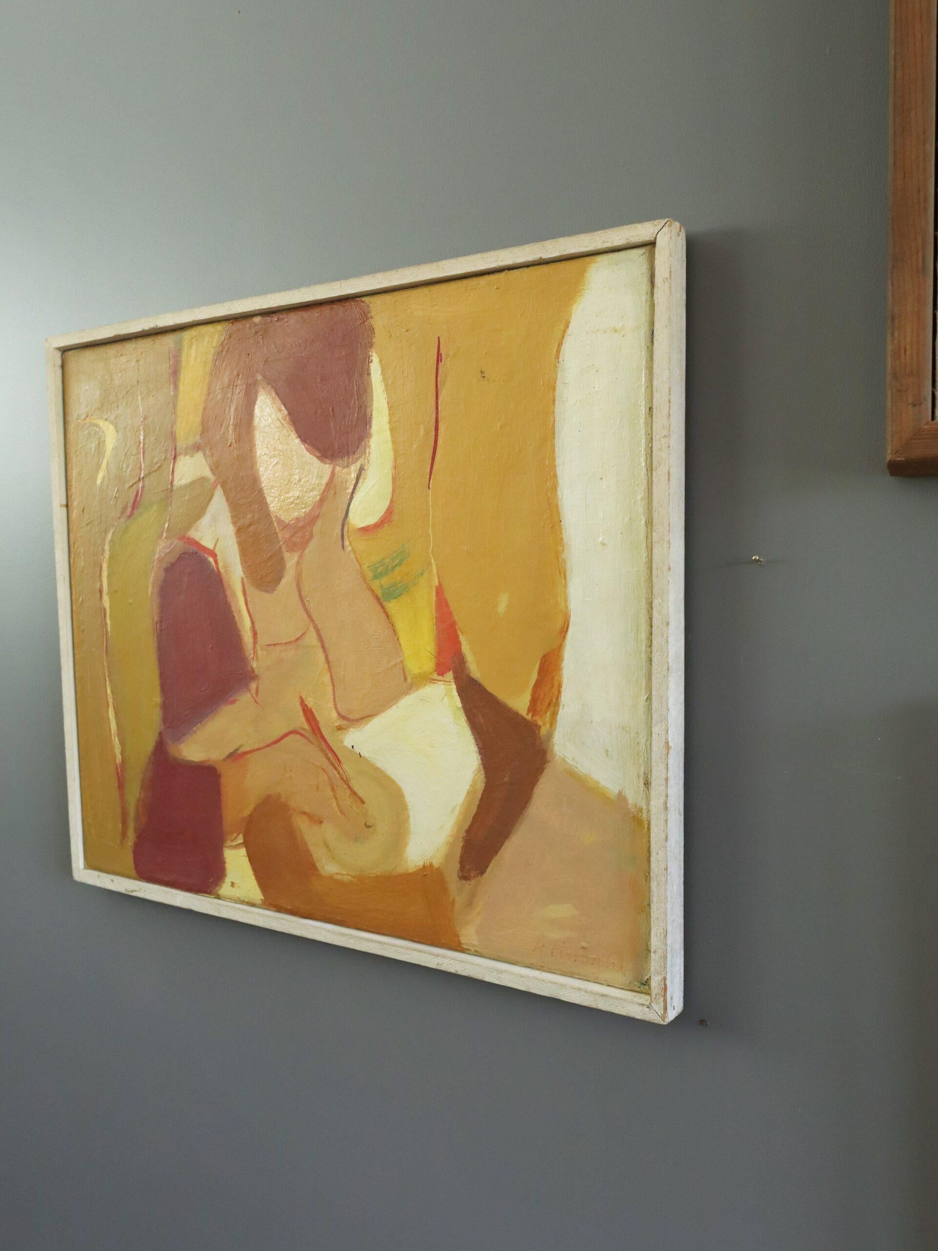 DER BRIEFSCHREIBER
Größe: 40,5 x 48,5 cm (einschließlich Rahmen)
Öl auf Leinwand

Ein kontemplatives und rhythmisches abstraktes figuratives Gemälde aus der Mitte des Jahrhunderts fängt einen ruhigen, intimen Moment der Reflexion ein. Es ist in Öl