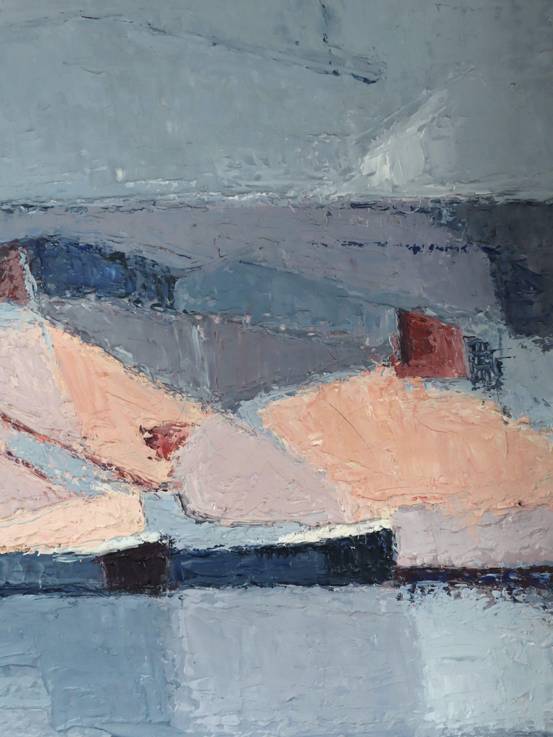Abstraktes Ölgemälde aus der Mitte des Jahrhunderts – Dorf auf dem Wasser, 1957 im Angebot 6