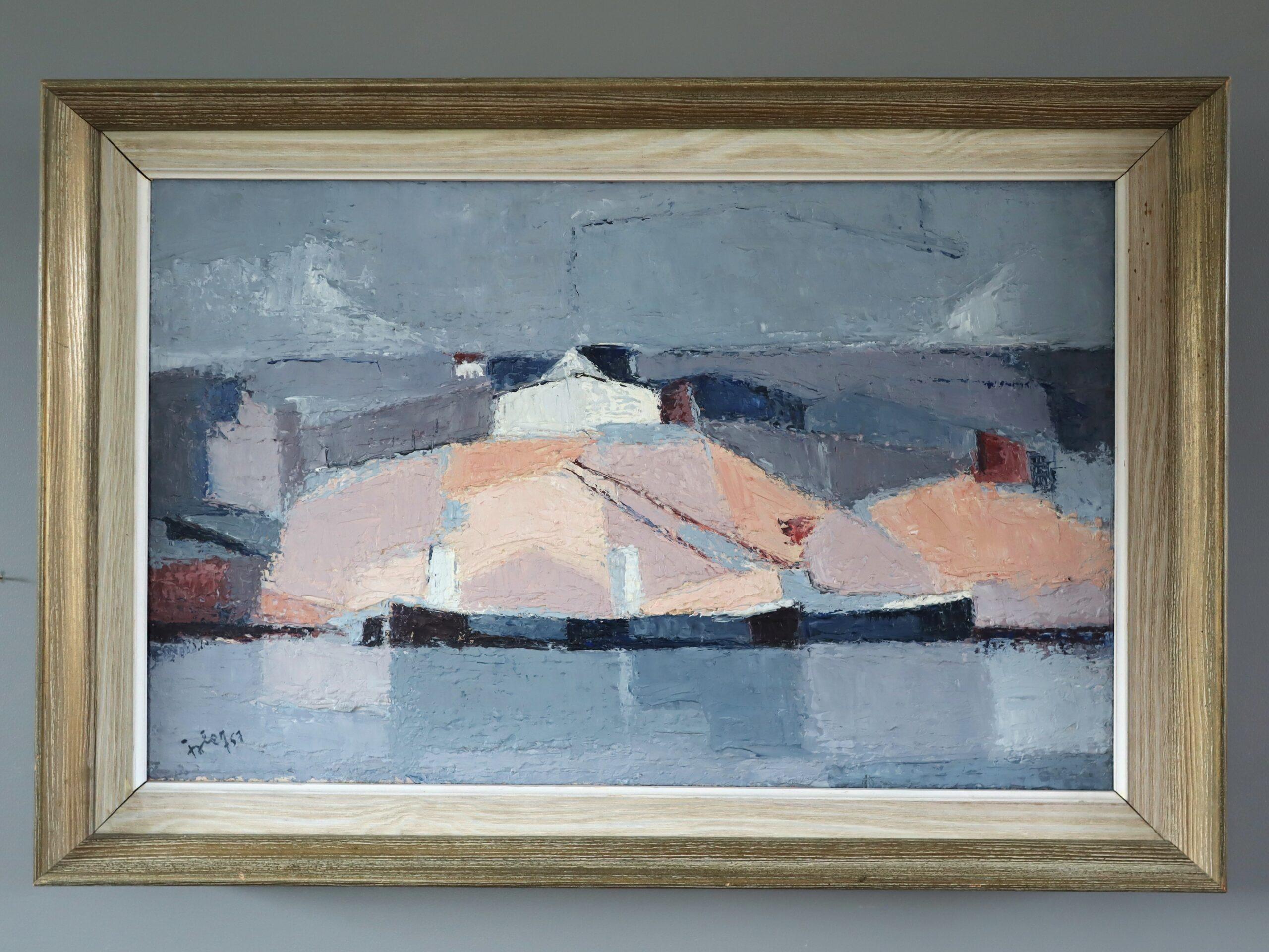 Abstraktes Ölgemälde aus der Mitte des Jahrhunderts – Dorf auf dem Wasser, 1957 – Painting von Unknown
