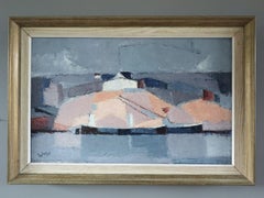 1957 Mid Century Modern Abstract Oil Painting - Village Across the Water