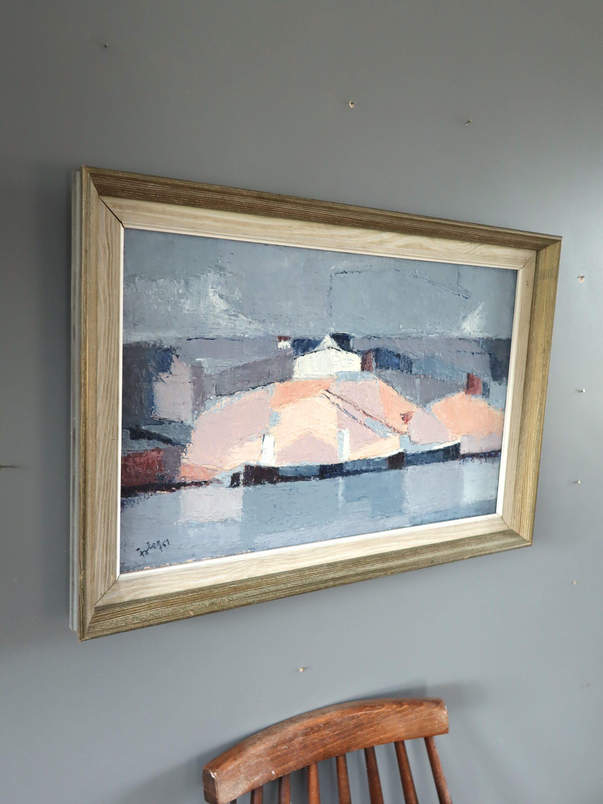 Abstraktes Ölgemälde aus der Mitte des Jahrhunderts – Dorf auf dem Wasser, 1957 (Grau), Landscape Painting, von Unknown