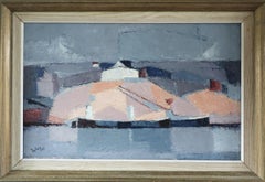 1957 Pittura ad olio astratta della metà del secolo scorso - Villaggio al di là dell'acqua