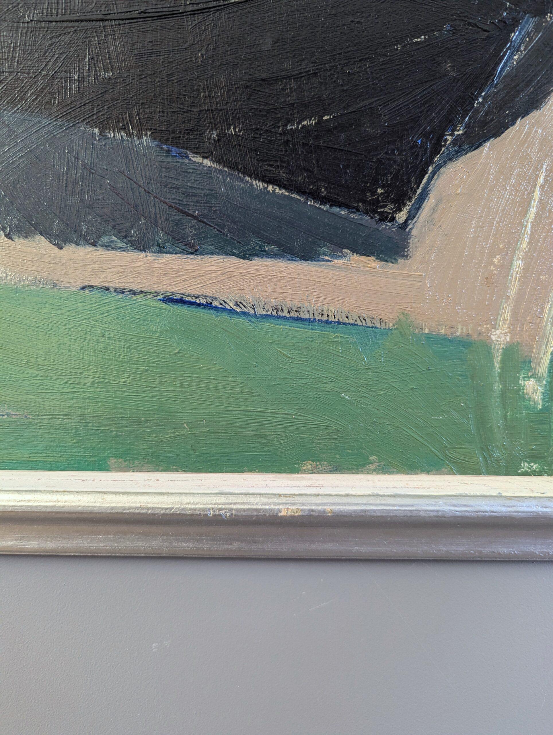 1957 Mid Century Modern Expressive Coastal Landscape Oil Painting - Black Boat (peinture à l'huile d'un paysage côtier) en vente 7