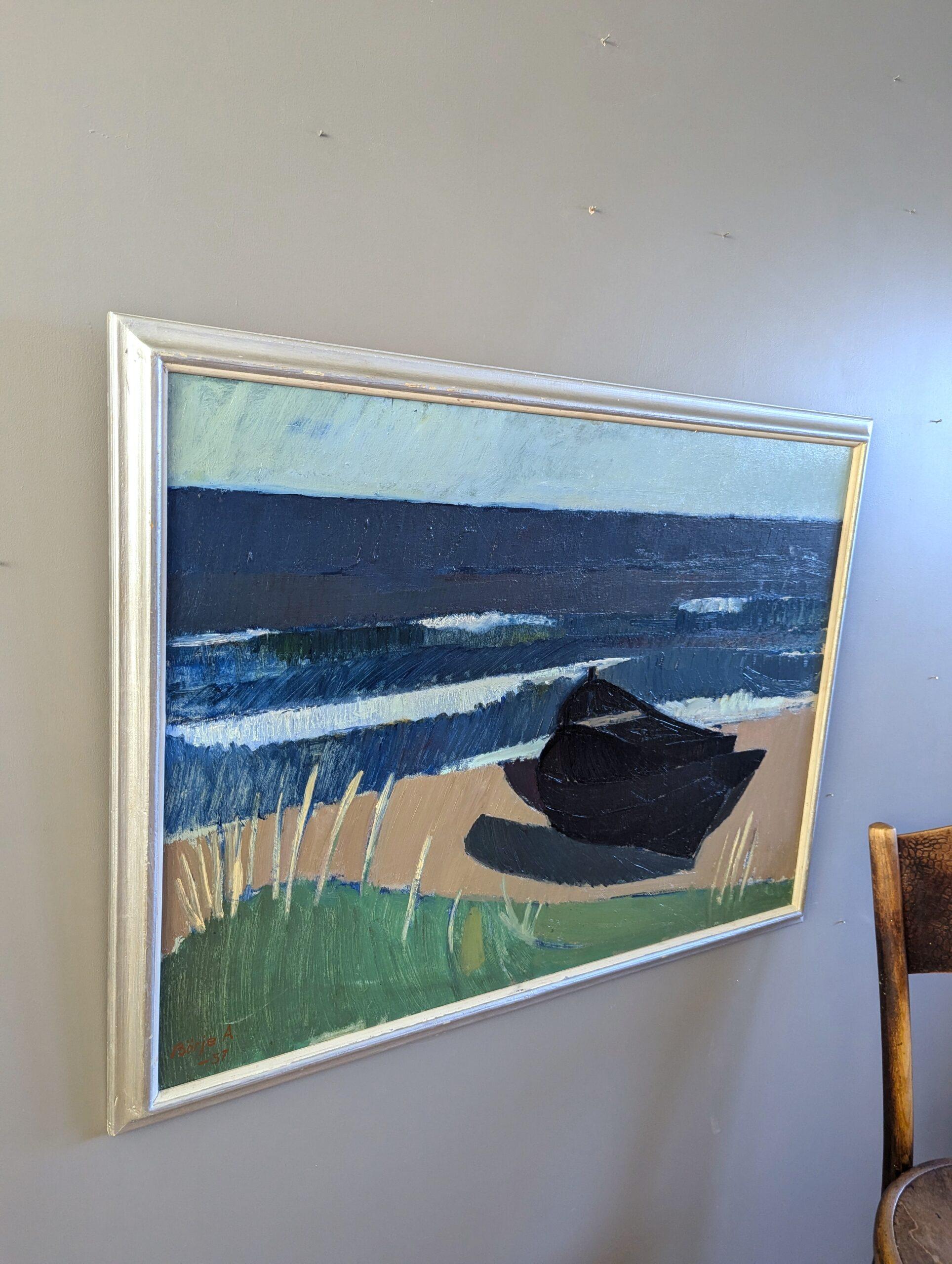1957 Mid Century Modern Expressive Coastal Landscape Oil Painting - Black Boat (peinture à l'huile d'un paysage côtier) en vente 1