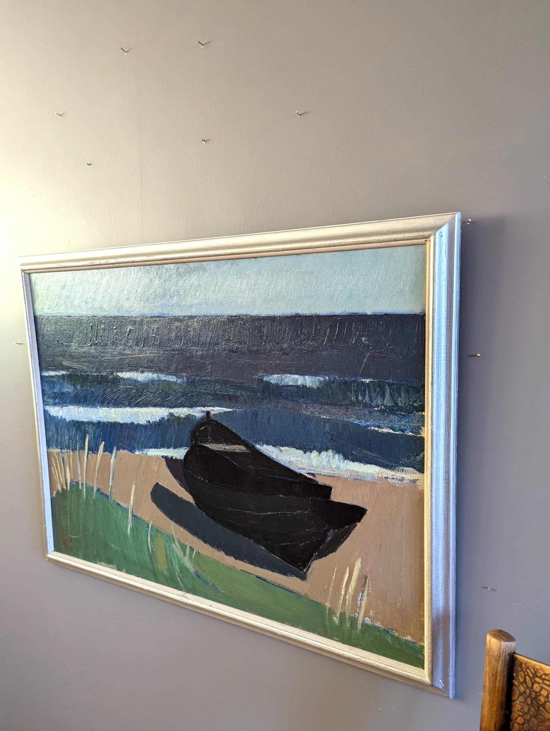 1957 Mid Century Modern Expressive Coastal Landscape Oil Painting - Black Boat (peinture à l'huile d'un paysage côtier) en vente 2