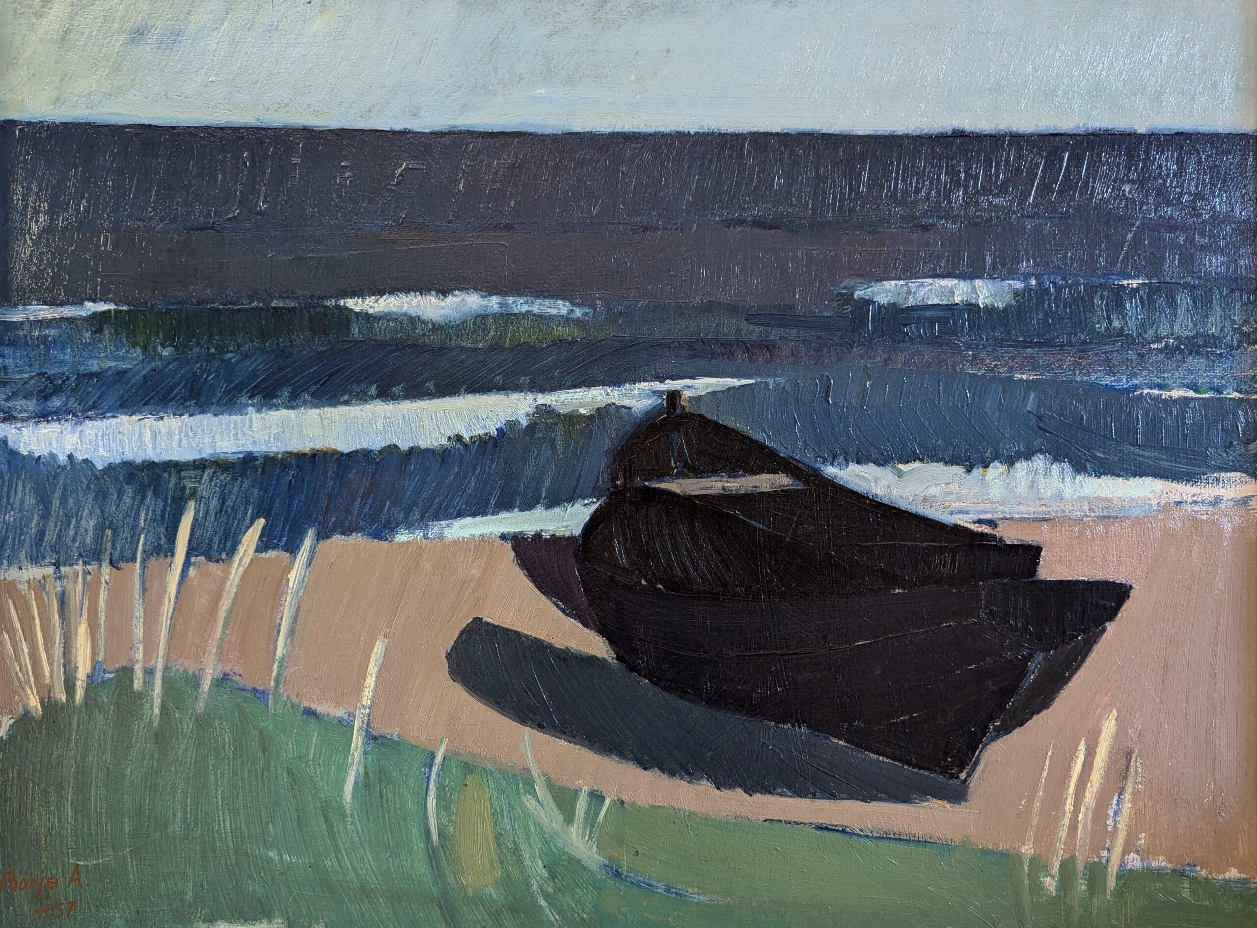 1957 Mid Century Modern Expressive Coastal Landscape Oil Painting - Black Boat (peinture à l'huile d'un paysage côtier) en vente 3