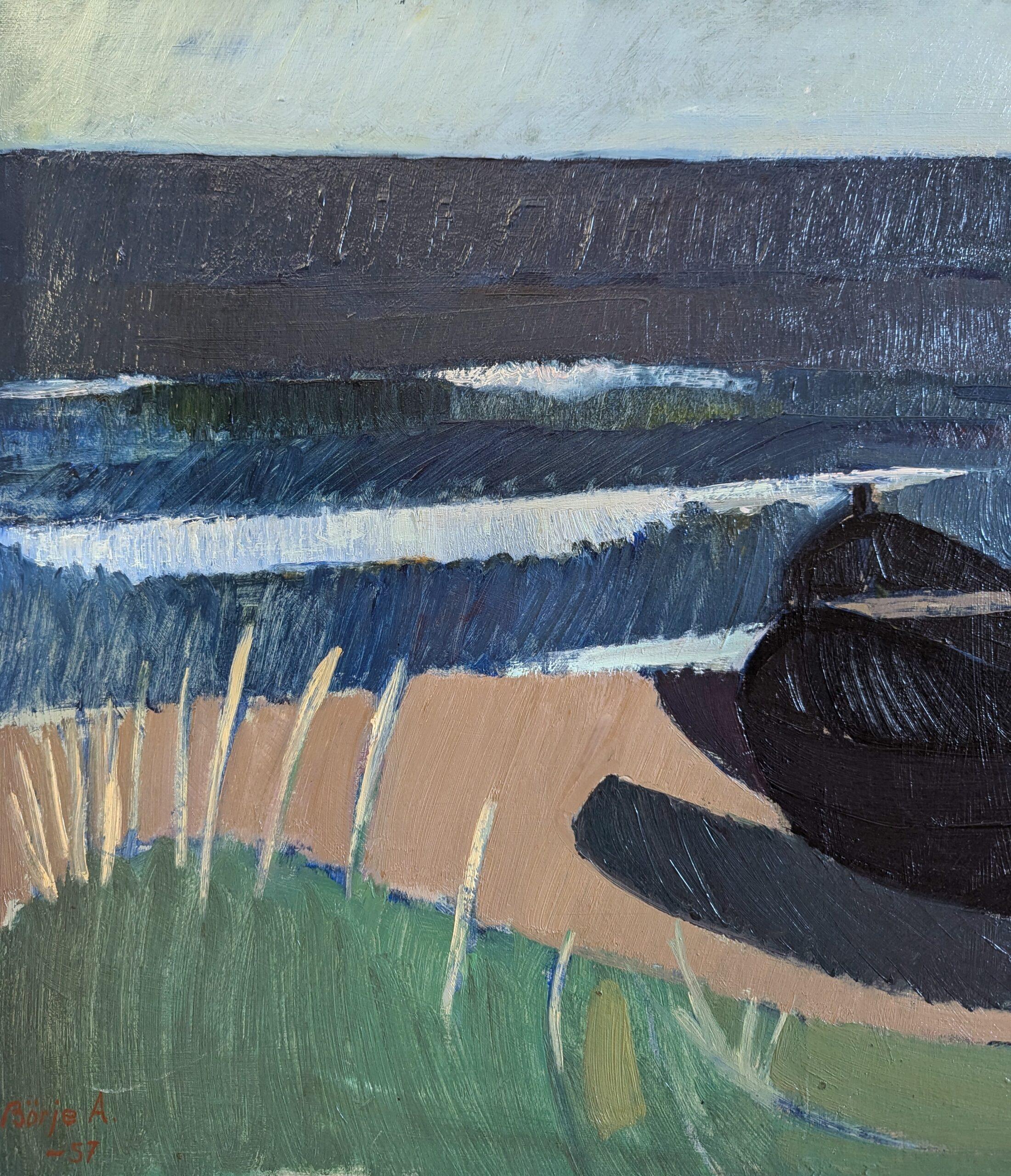 1957 Mid Century Modern Expressive Coastal Landscape Oil Painting - Black Boat (peinture à l'huile d'un paysage côtier) en vente 4