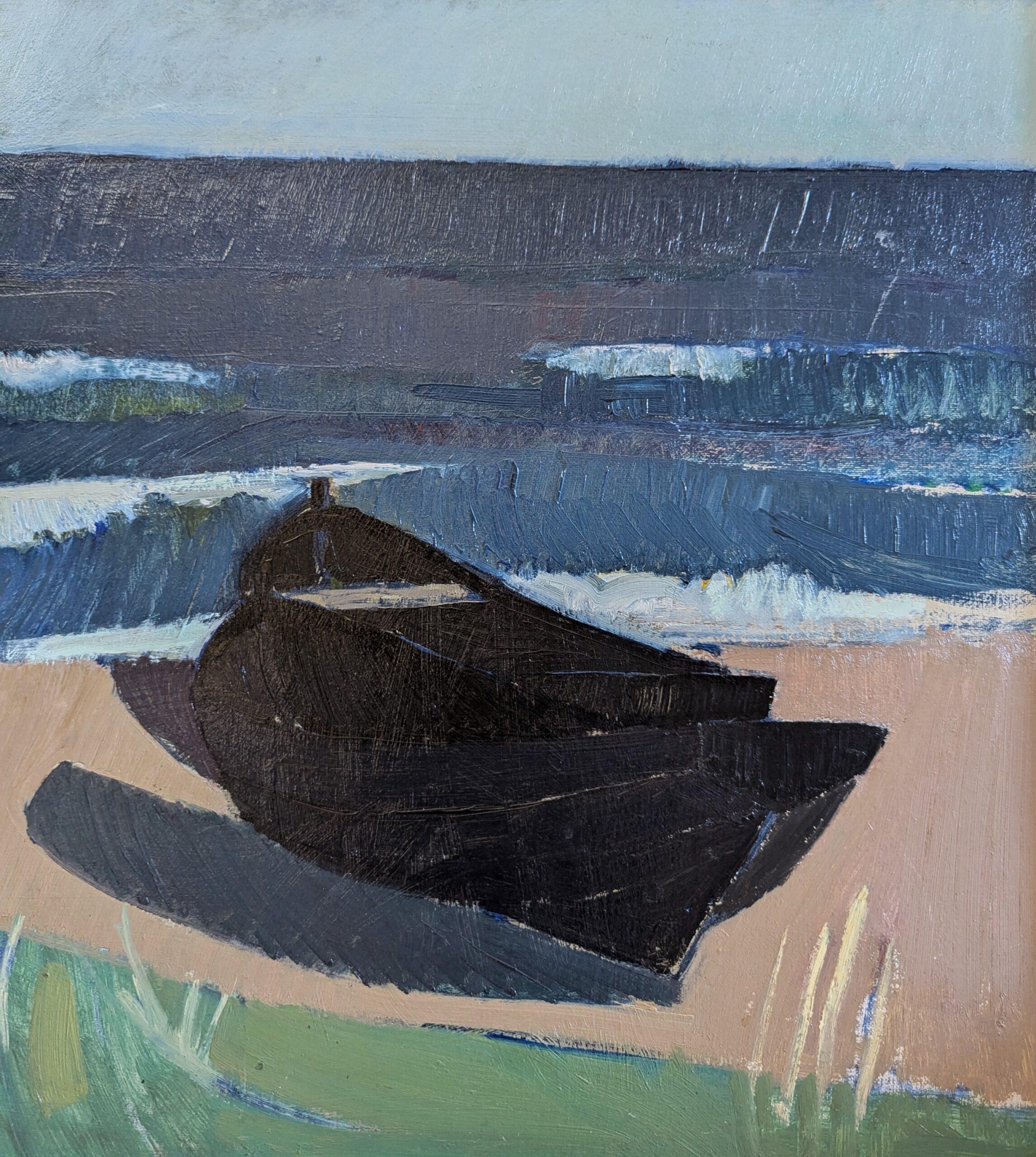 1957 Mid Century Modern Expressive Coastal Landscape Oil Painting - Black Boat (peinture à l'huile d'un paysage côtier) en vente 5