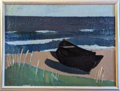 1957 Mid Century Modern Expressive Coastal Landscape Oil Painting - Barca nera