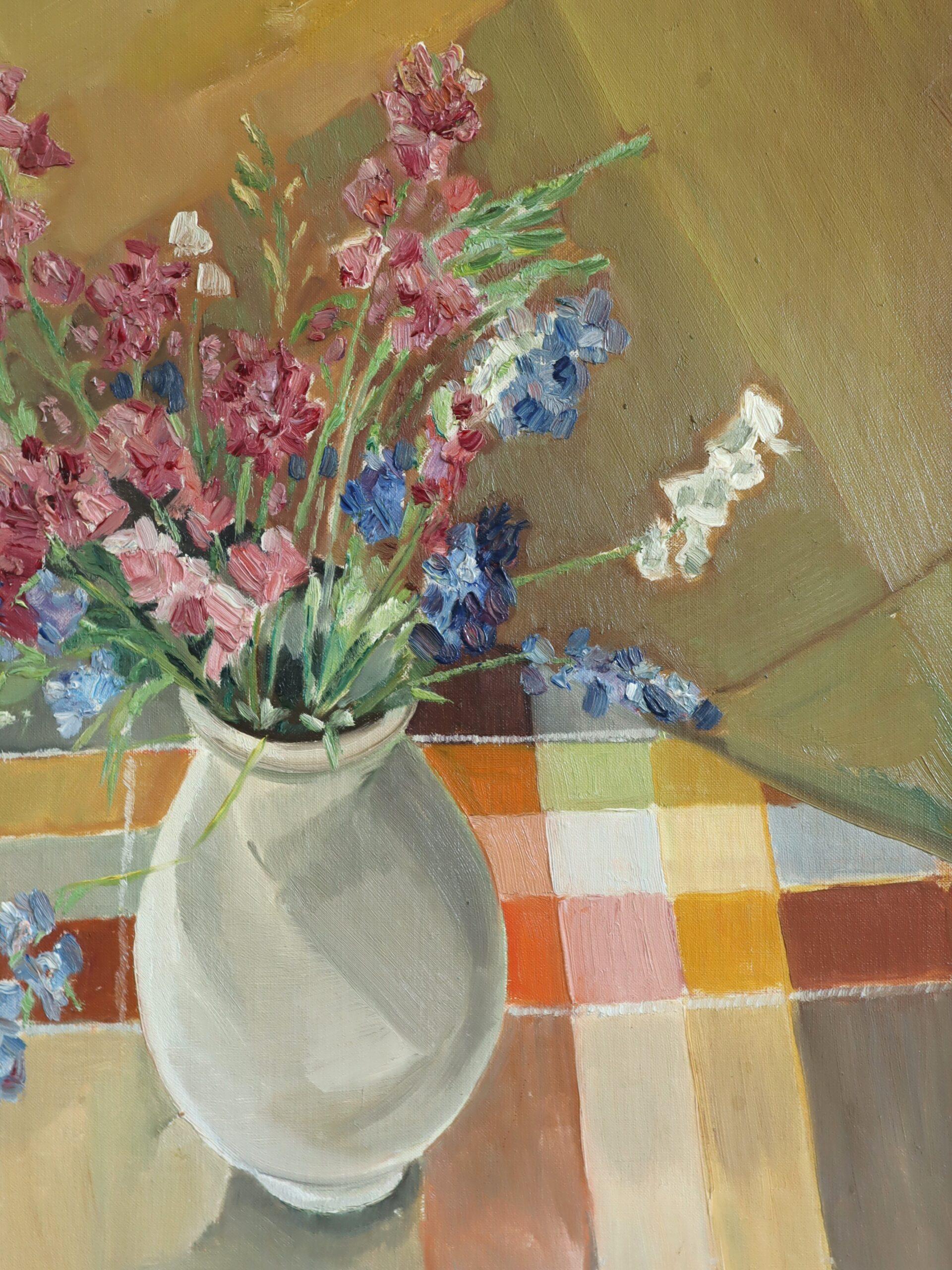 1957 Nature morte à l'huile moderne du milieu du siècle - Bouquet dans la lumière de l'après-midi en vente 5