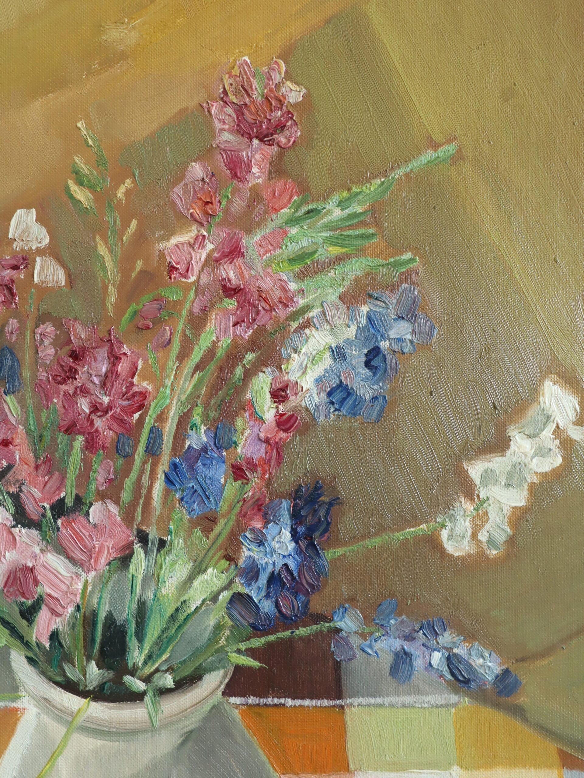 1957 Nature morte à l'huile moderne du milieu du siècle - Bouquet dans la lumière de l'après-midi en vente 6