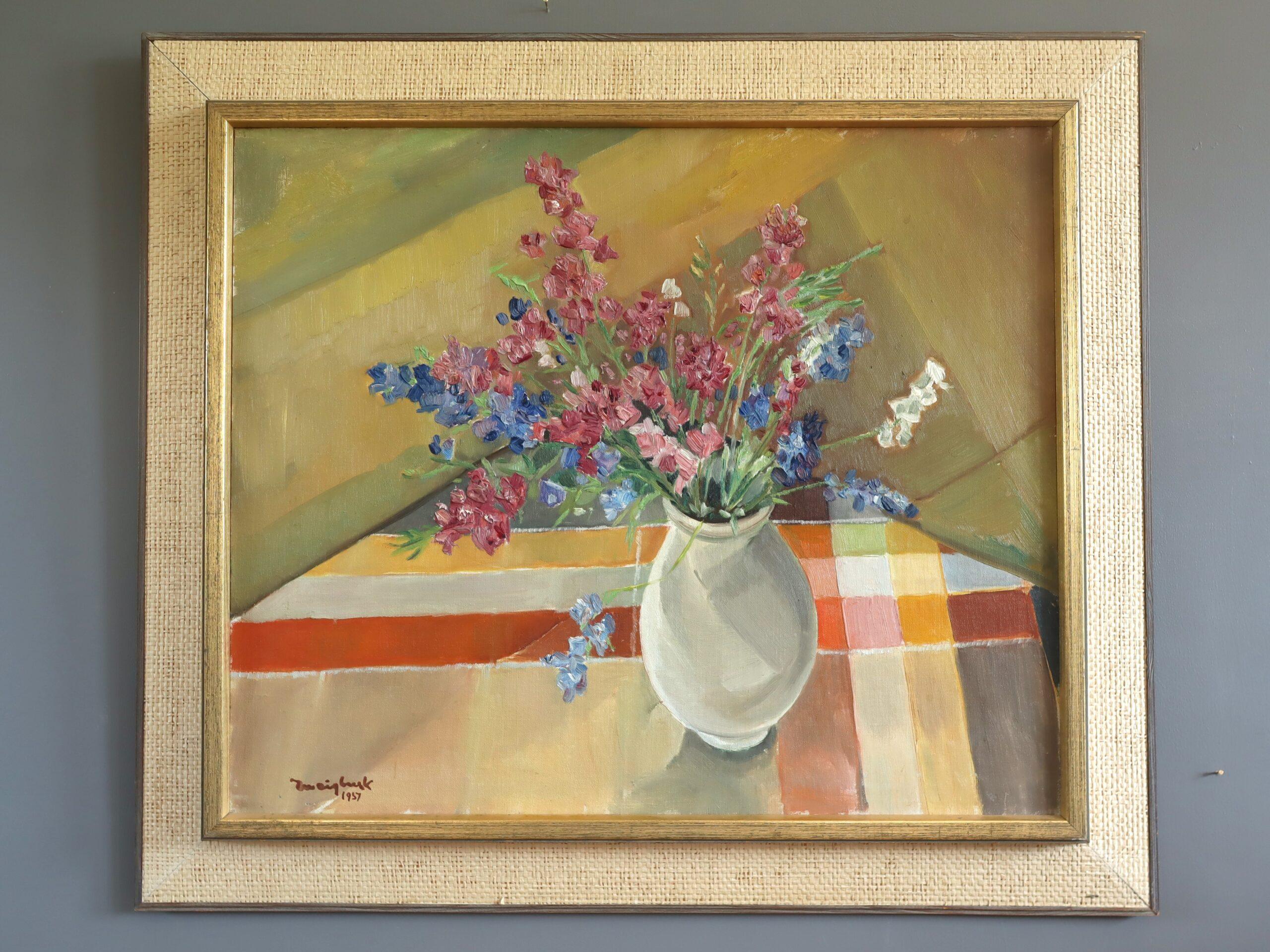 1957 Nature morte à l'huile moderne du milieu du siècle - Bouquet dans la lumière de l'après-midi - Painting de Unknown