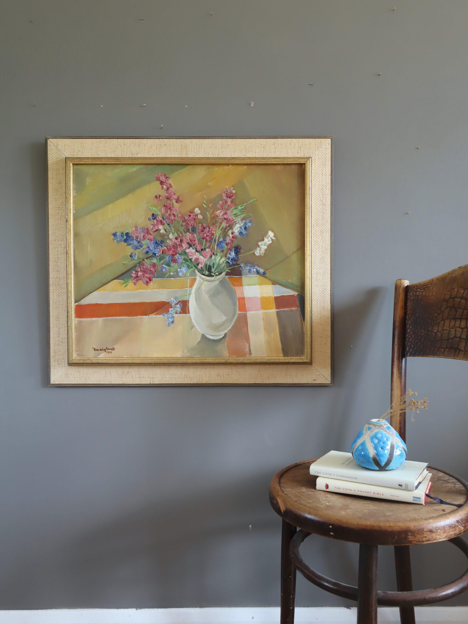 1957 Nature morte à l'huile moderne du milieu du siècle - Bouquet dans la lumière de l'après-midi - Moderne Painting par Unknown