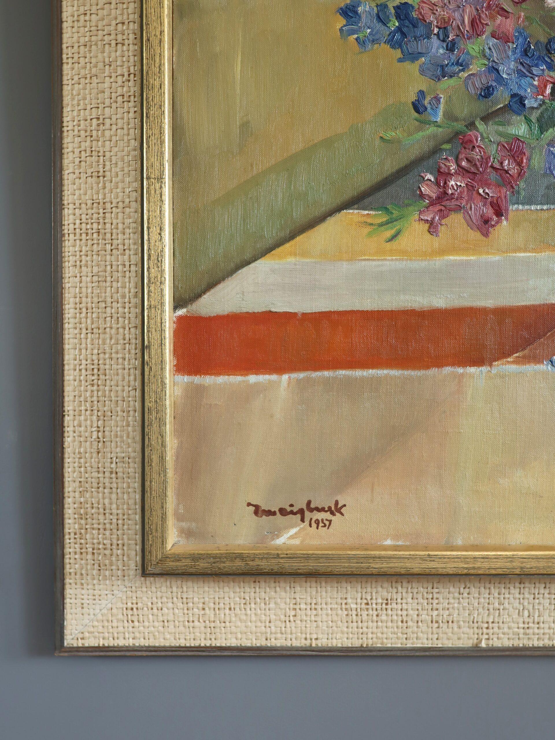 1957 Nature morte à l'huile moderne du milieu du siècle - Bouquet dans la lumière de l'après-midi en vente 1