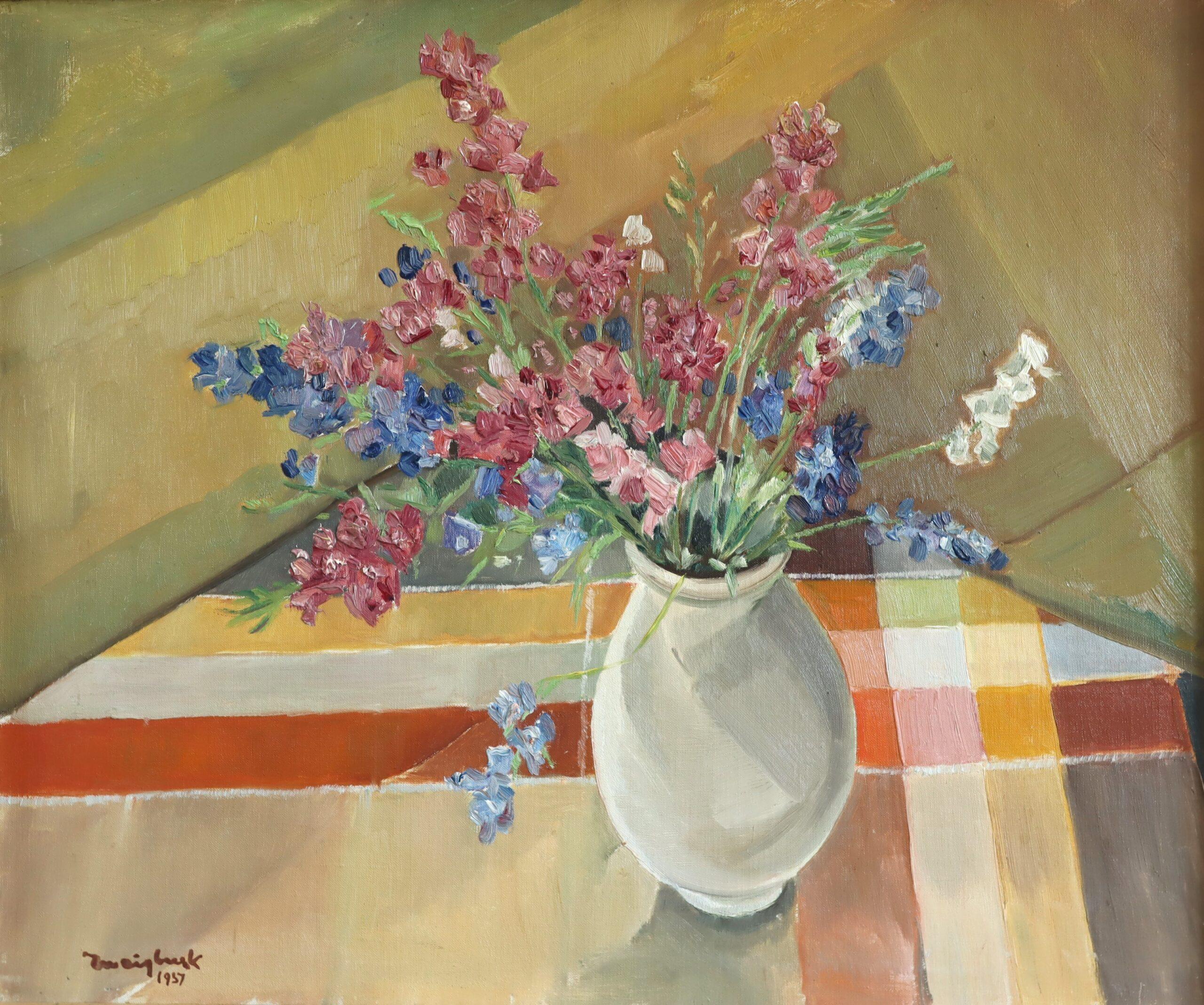 1957 Nature morte à l'huile moderne du milieu du siècle - Bouquet dans la lumière de l'après-midi en vente 3