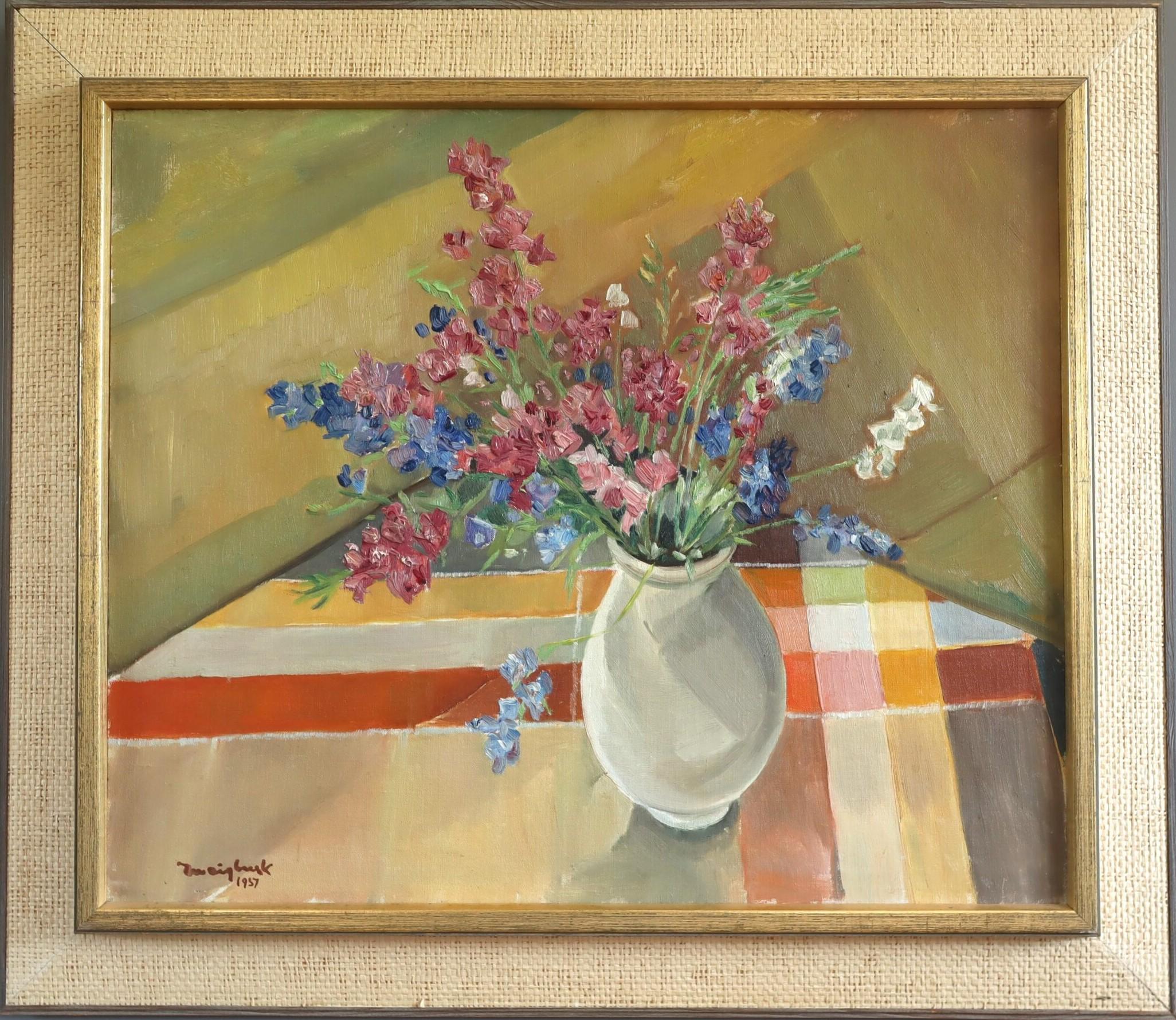 1957 Mid Century Modernes Stillleben Ölgemälde - Blumenstrauß im Nachmittagslicht