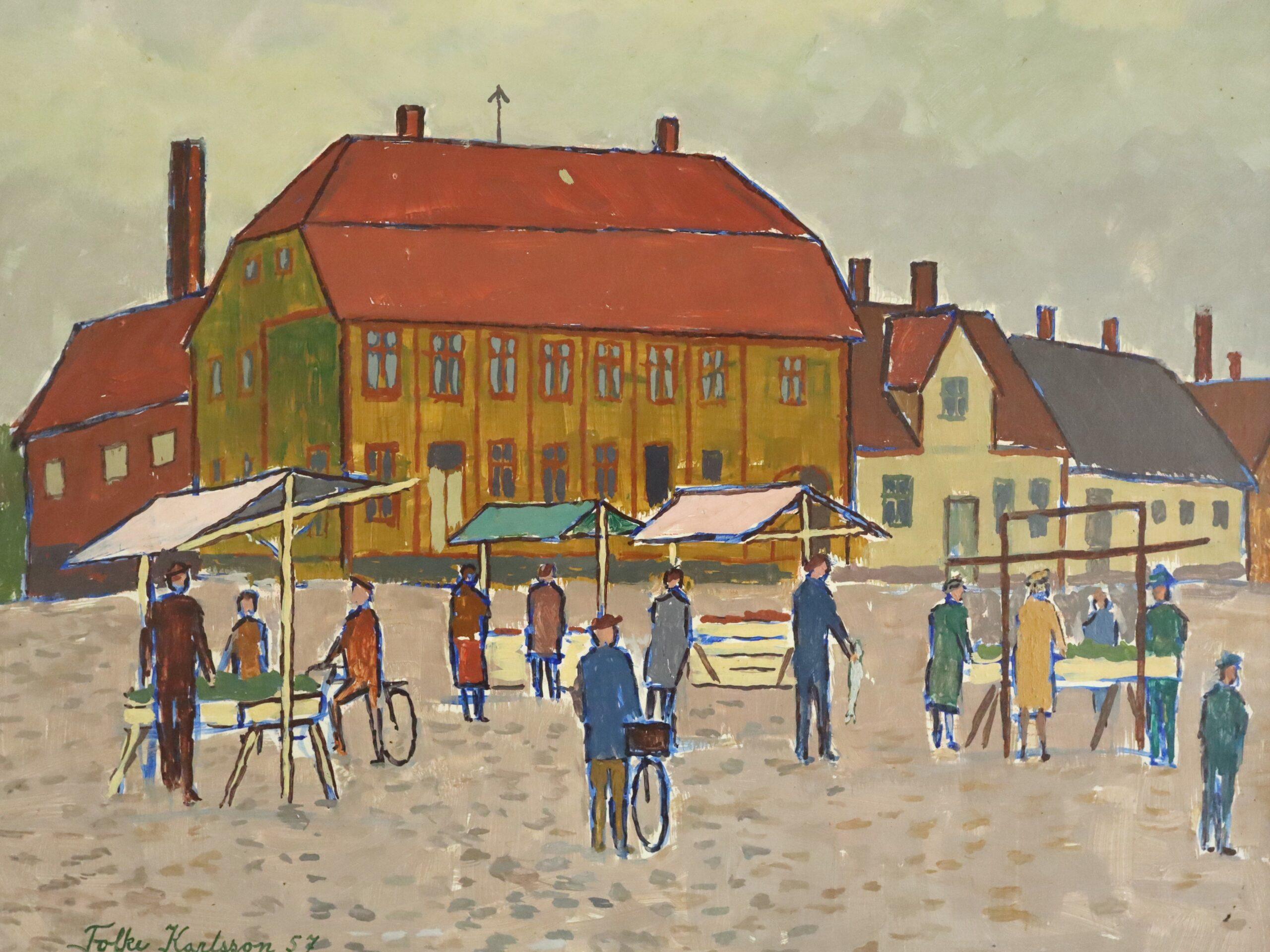 1957 Mid Century Modern Street Scene Ölgemälde - Markttag auf dem Platz im Angebot 5