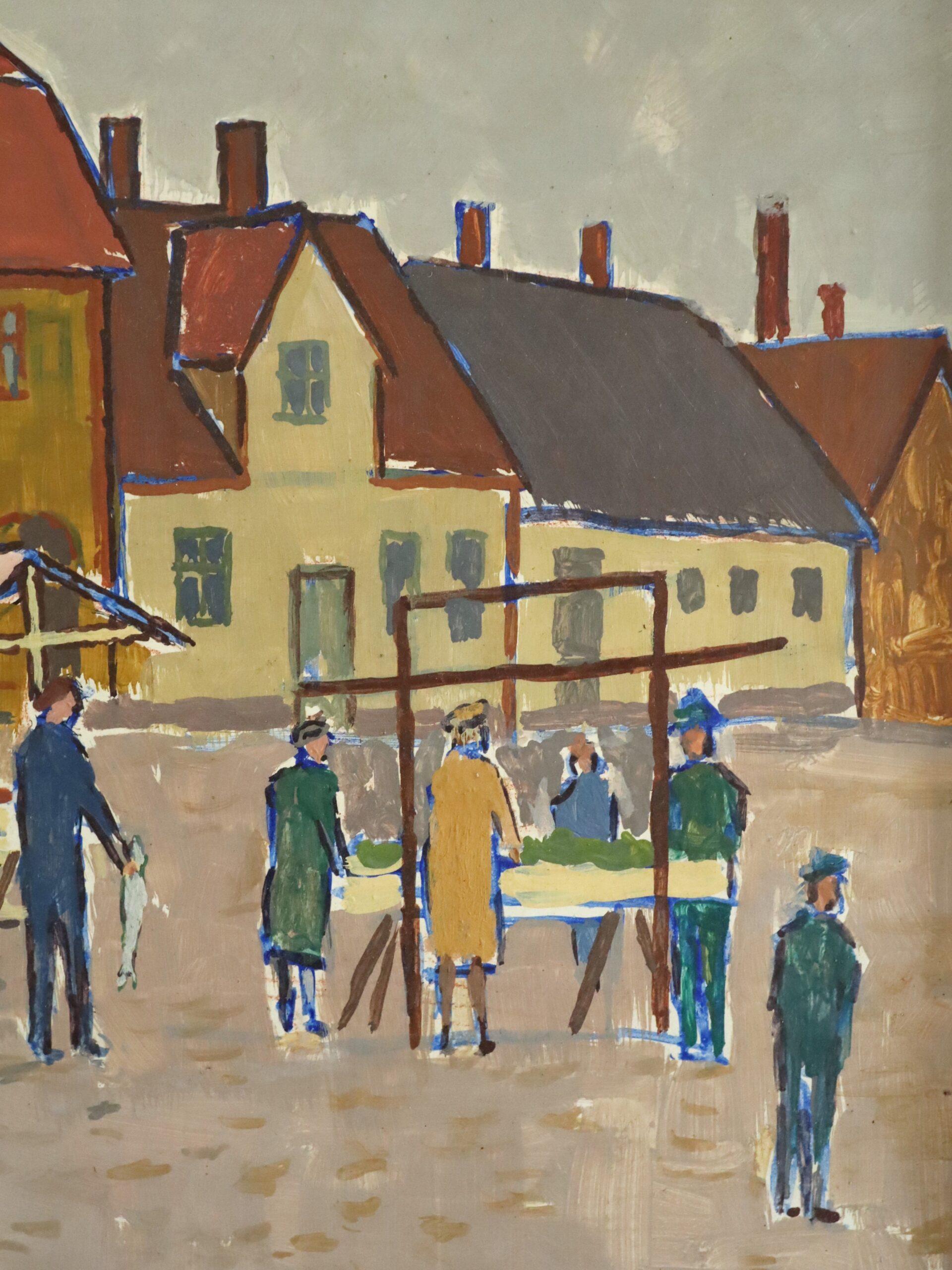 1957 Mid Century Modern Street Scene Ölgemälde - Markttag auf dem Platz im Angebot 6