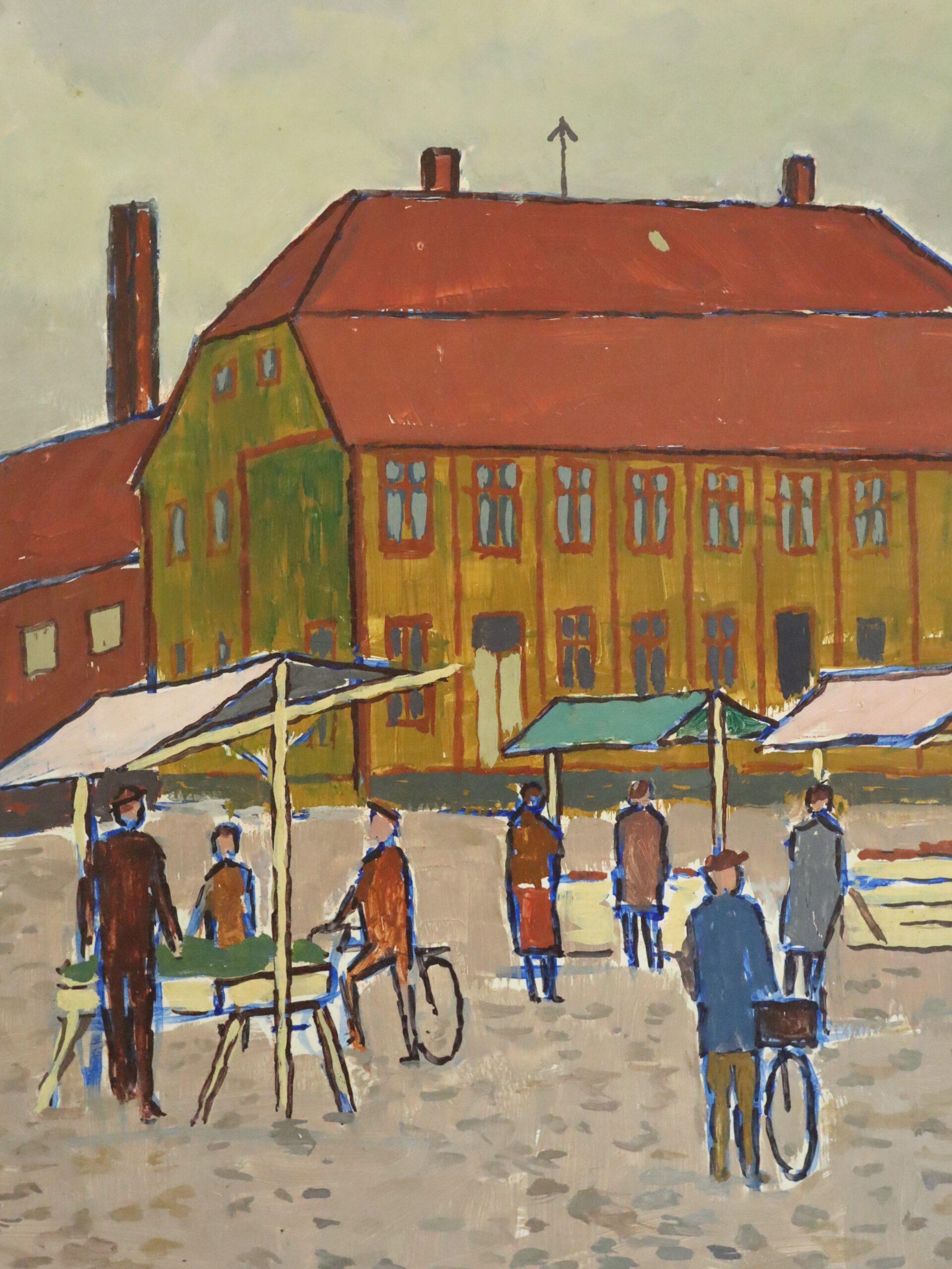 1957 Mid Century Modern Street Scene Ölgemälde - Markttag auf dem Platz im Angebot 7