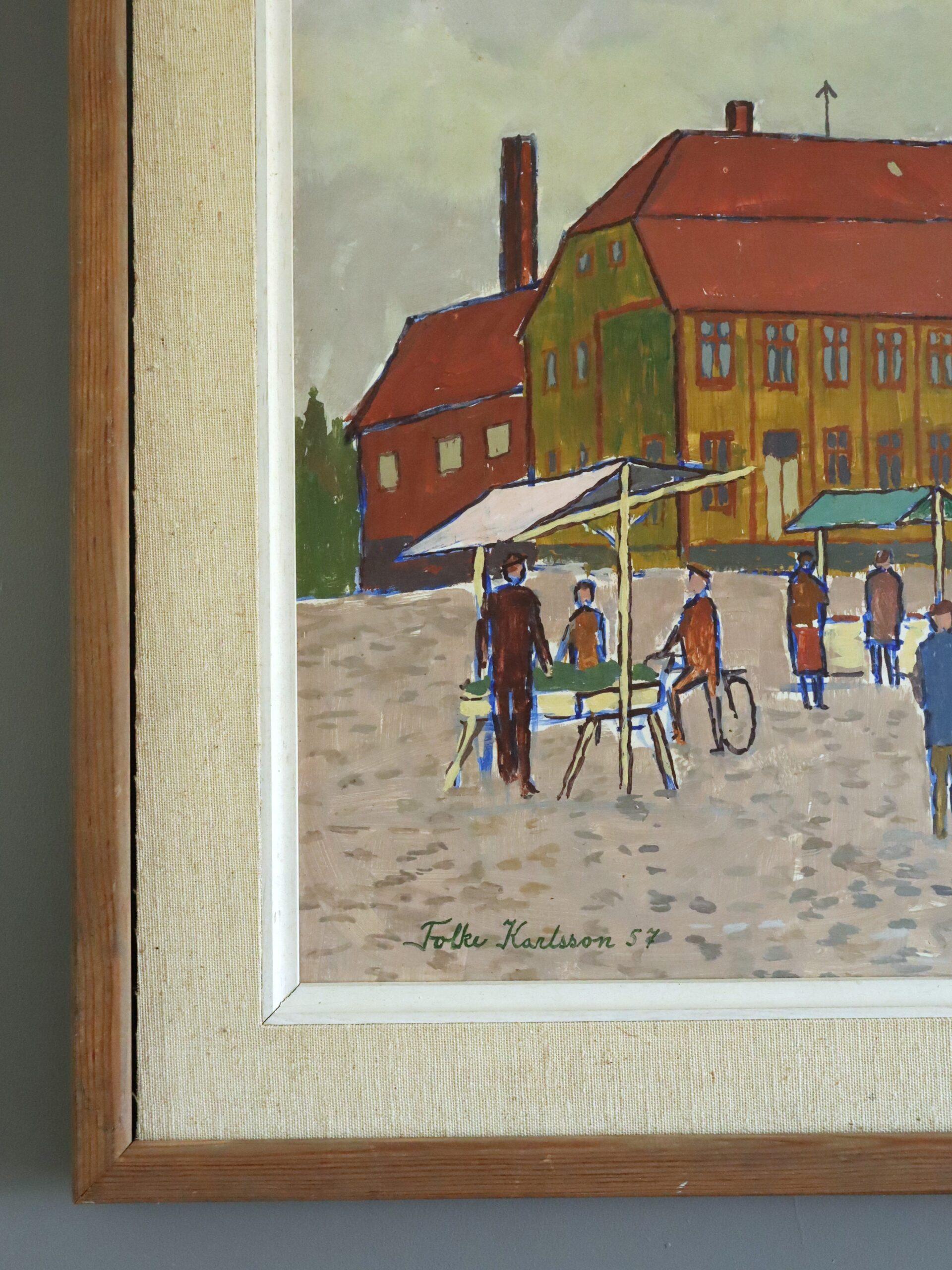 1957 Mid Century Modern Street Scene Ölgemälde - Markttag auf dem Platz im Angebot 2