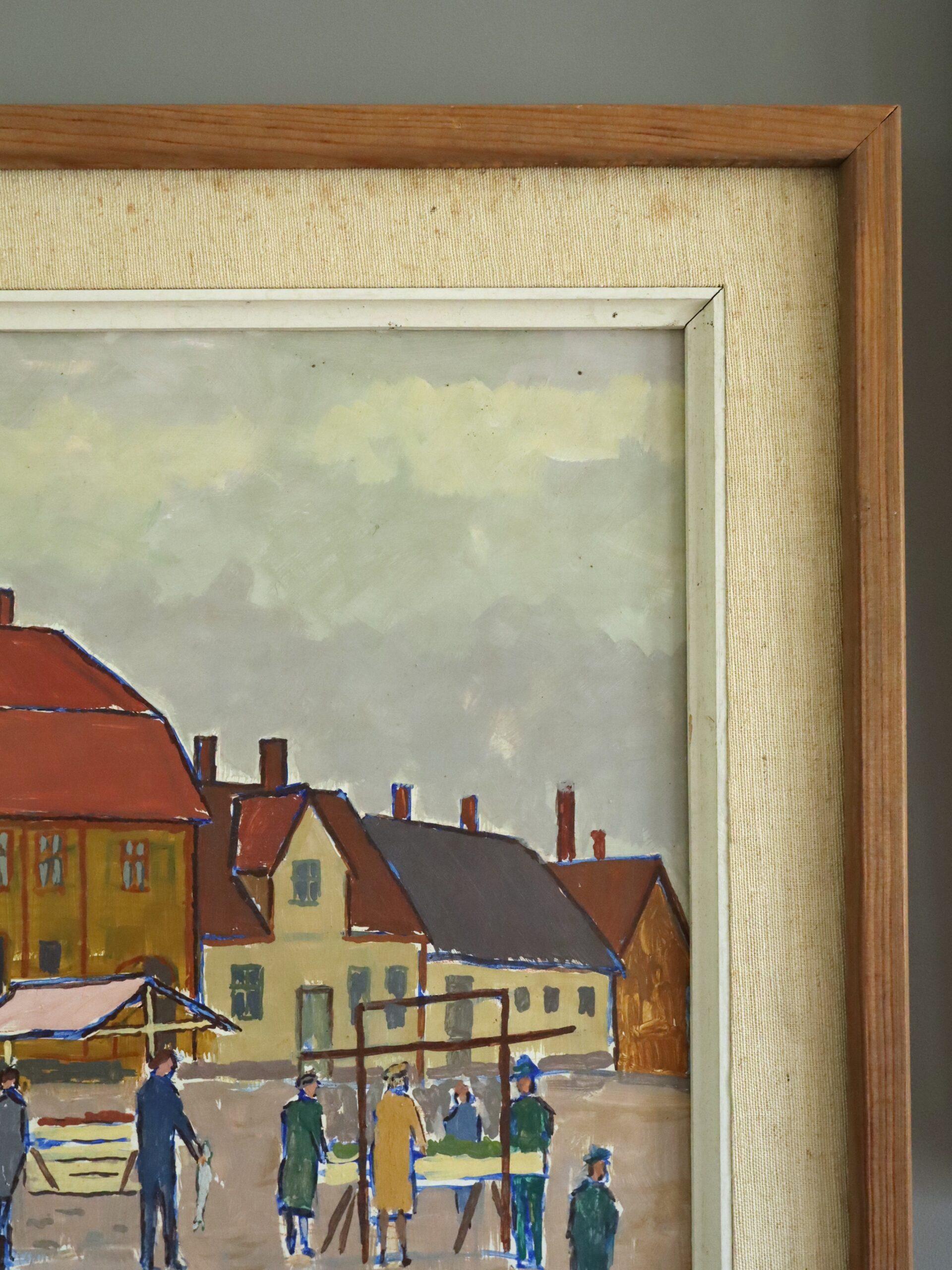1957 Mid Century Modern Street Scene Ölgemälde - Markttag auf dem Platz im Angebot 3