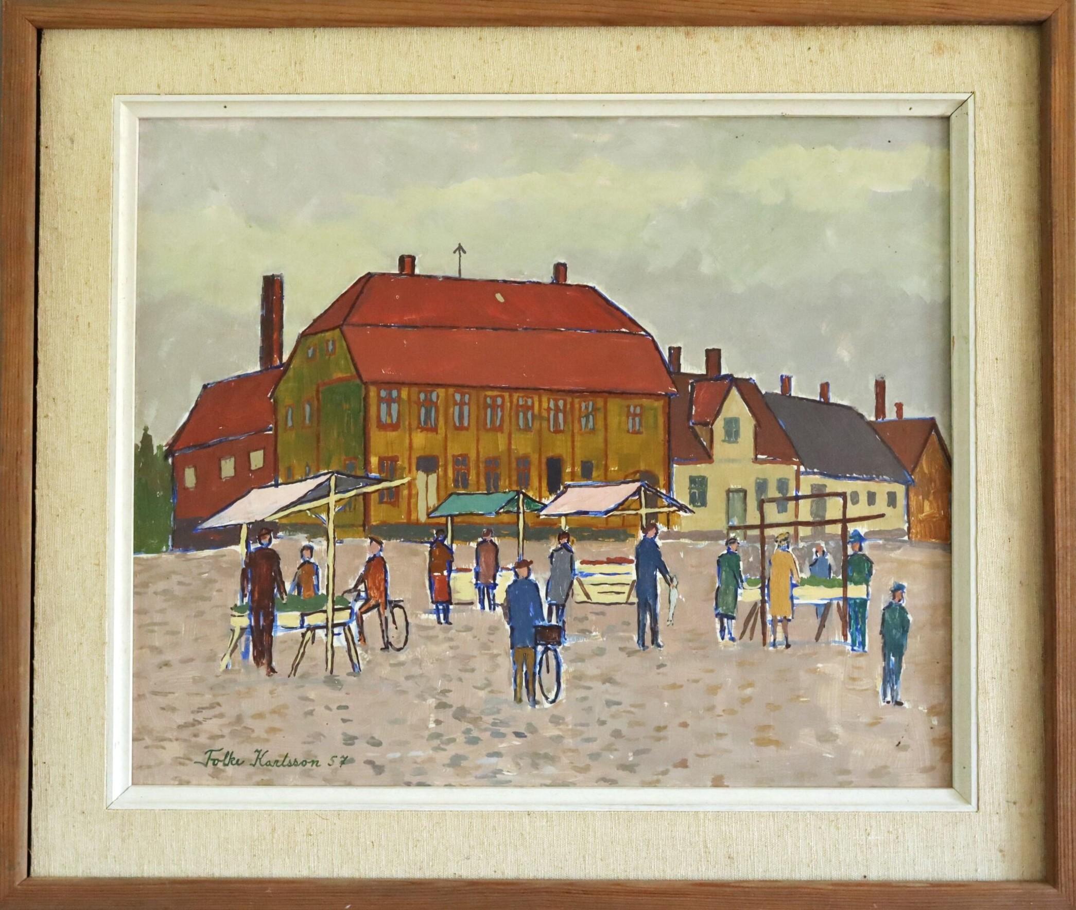 Unknown Landscape Painting – 1957 Mid Century Modern Street Scene Ölgemälde - Markttag auf dem Platz